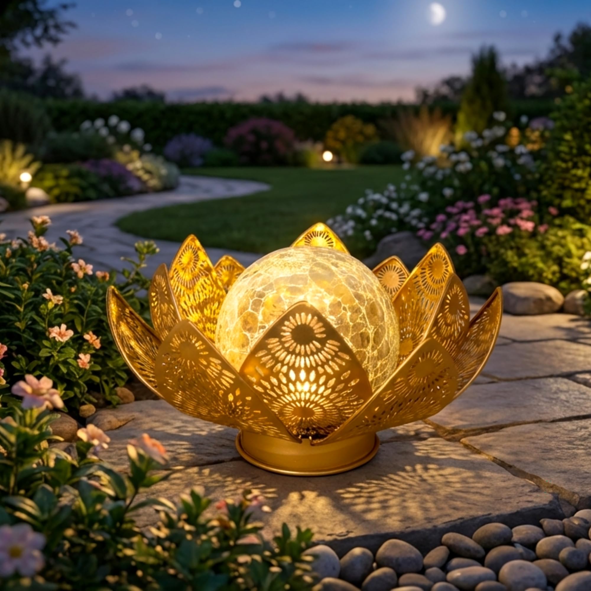 Solarleuchten für den Außenbereich, wasserdicht, IP65 – Lotusblumenlaterne mit Craquelé-Glas & Metallblüten, Gartendekoration für Terrasse, Weg, Rasen, automatisches Ein-/Ausschalten, Geschenk