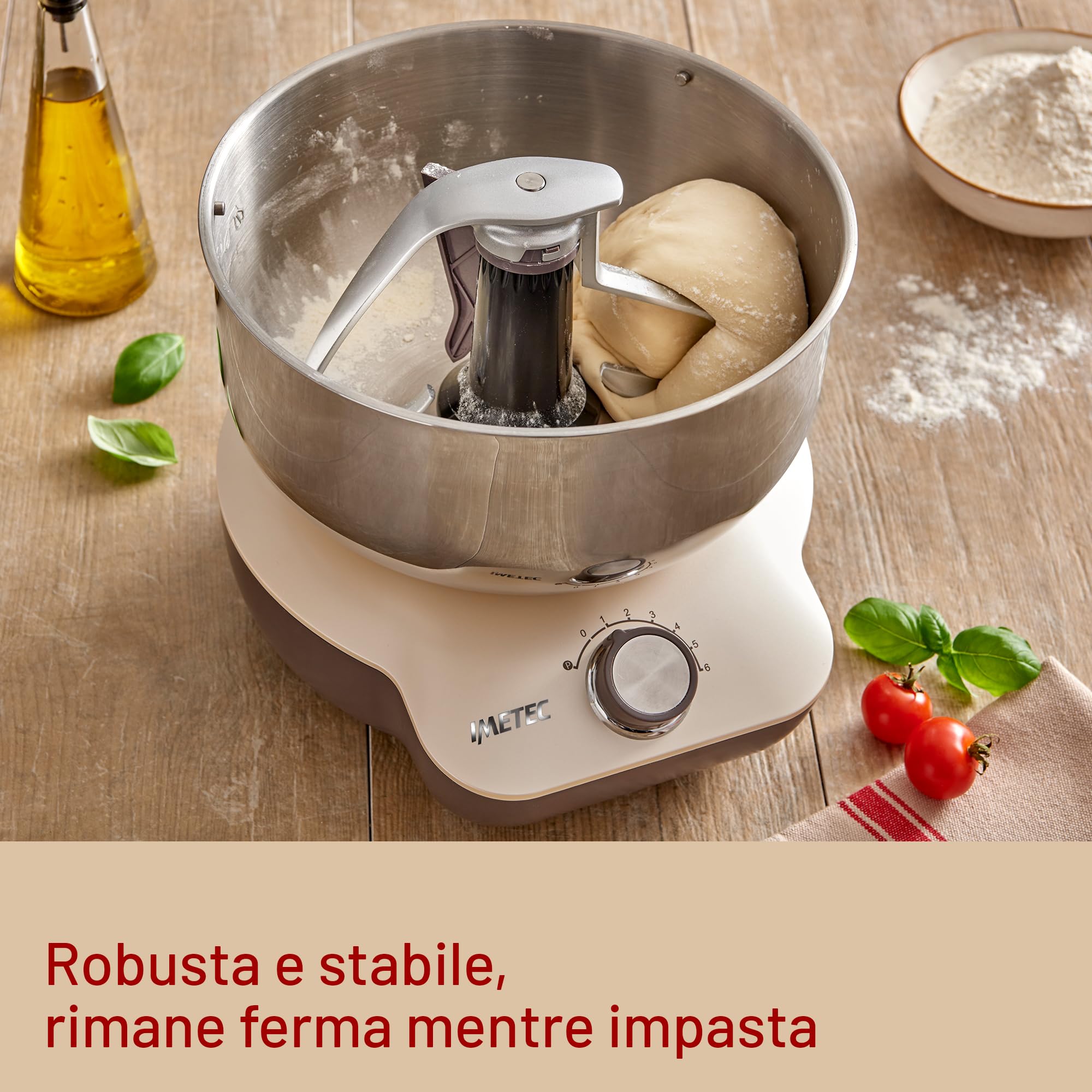 Imetec CakeLover, Impastatrice Planetaria di 5L per Torte, Dolci, Pizza, Pane, Pasta – 1500 W, 6 Velocità, Ciotola in Acciaio Inox, Doppio Gancio, Fruste – Design Compatto, Ricettario Incluso
