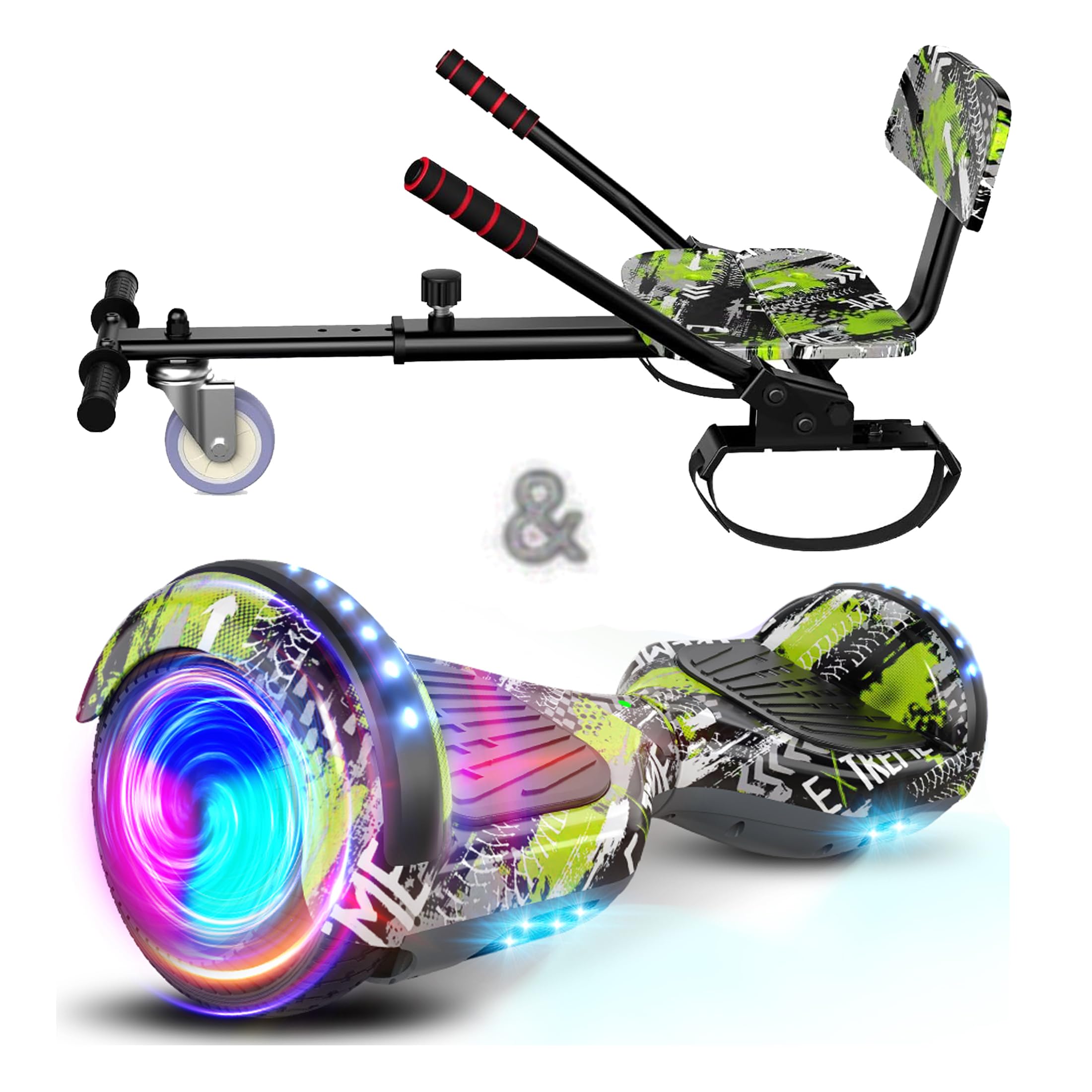 SISIGAD Scooter Seat Attachment, 6.5'' Self Balancing Scooters Go Kart with Bluetooth and LED Lights, D Green+Green
