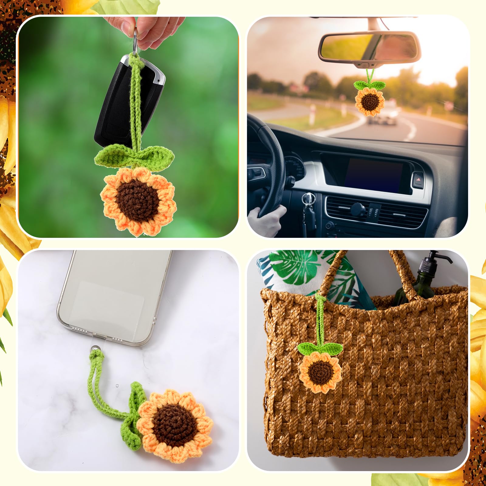 Handgemaakte gebreide zonnebloem auto decoratie wiebelfiguur auto