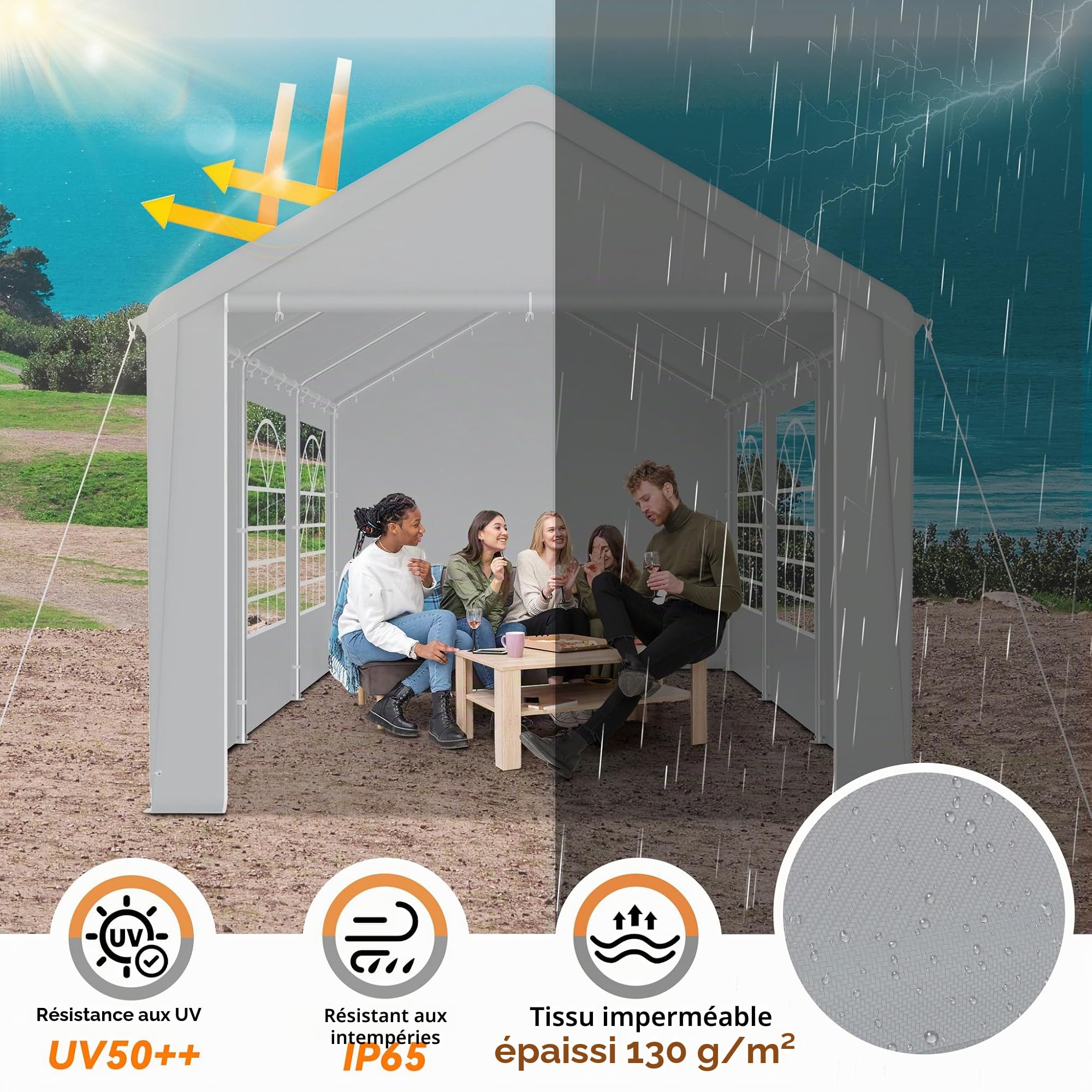 LZQ Tonnelle 4 x 6 m avec bâche de toit en polyéthylène 170 g/m², parois latérales fenêtre, tente de jardin réception, 4 x 6 m acier galvanisé, protection UV, pergola