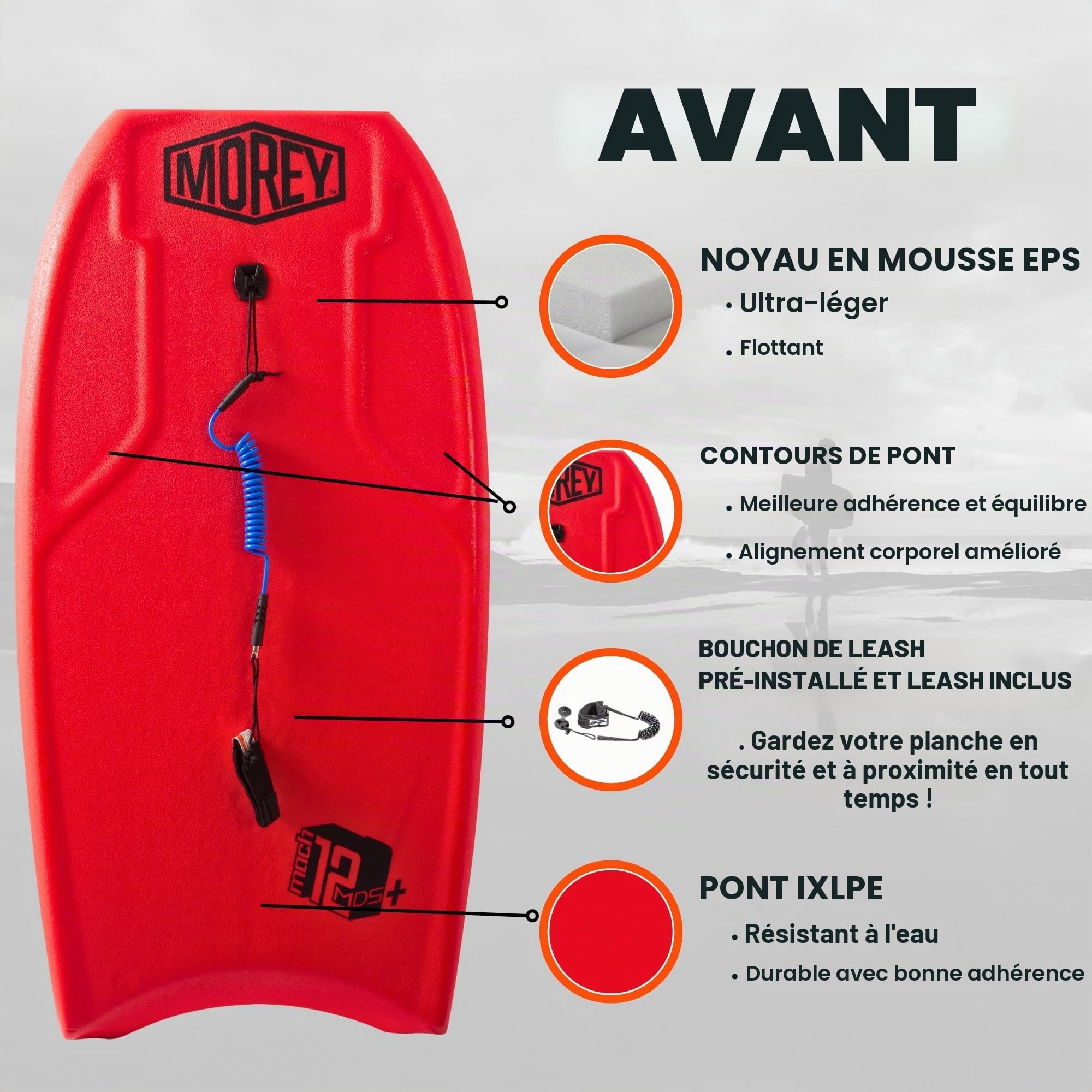 Morey Mach 12 MDS+ – Bodyboard de 108 cm – Système de Vitesse Dynamique Mach – Laminage amélioré – Version repensée – Stringer intégré en Fibre de Verre – Design Contour Deck – Leash