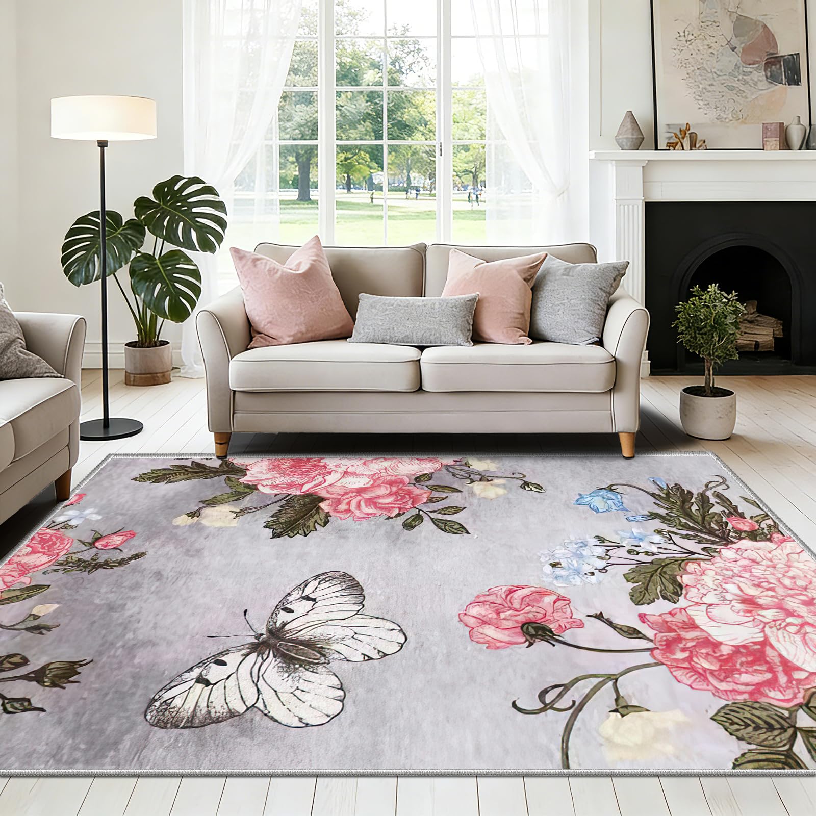 FTCJWL Vintage Floral Area Rug 180x280cm Machine Washable Rugs Living Room Boho Soft Non Slip Ultra Thin Indoor Floor Carpet for Girls Bedroom,Kitchen,Entryway, Lounge Home Decor Pink Gray โ image 1