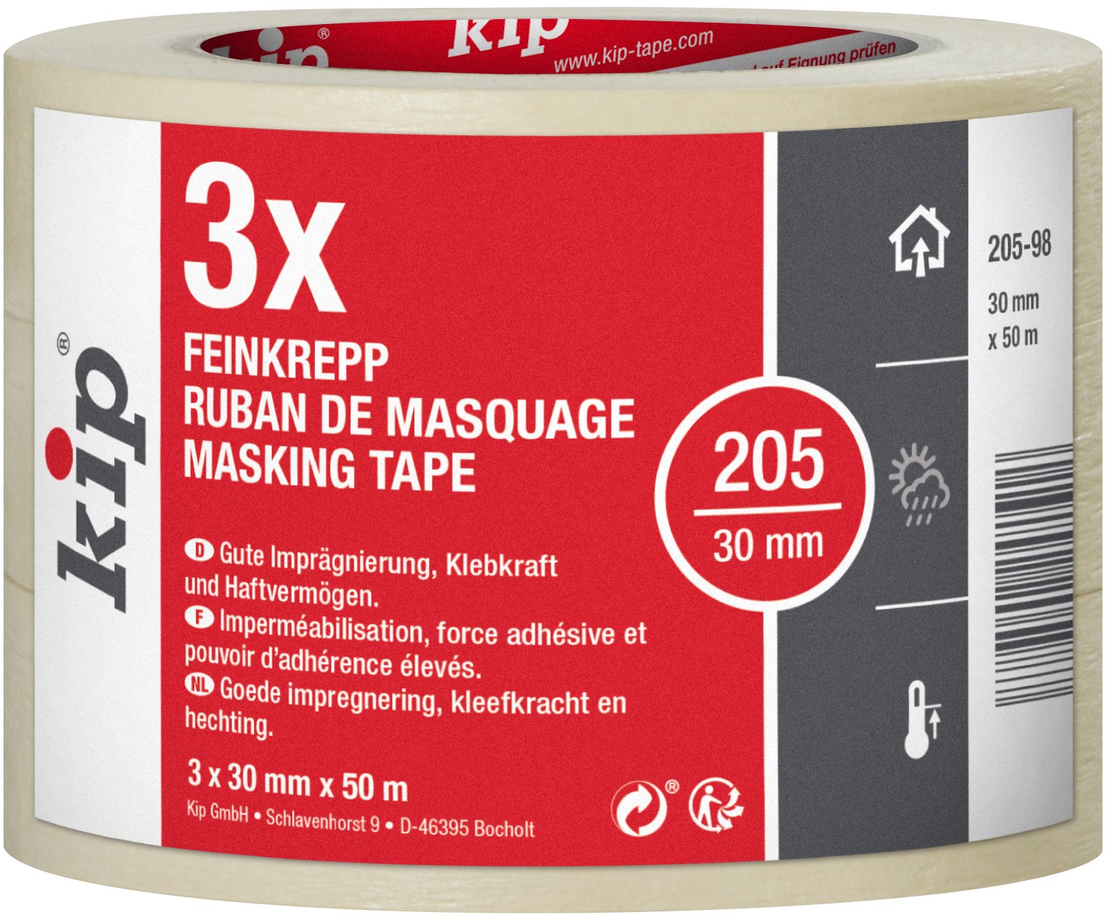 Kip Masking Tape 205-98, Professional and Impregnated, Fine Crepe Masking Tape for Painting and Varnishing, 30 mm x 50 m