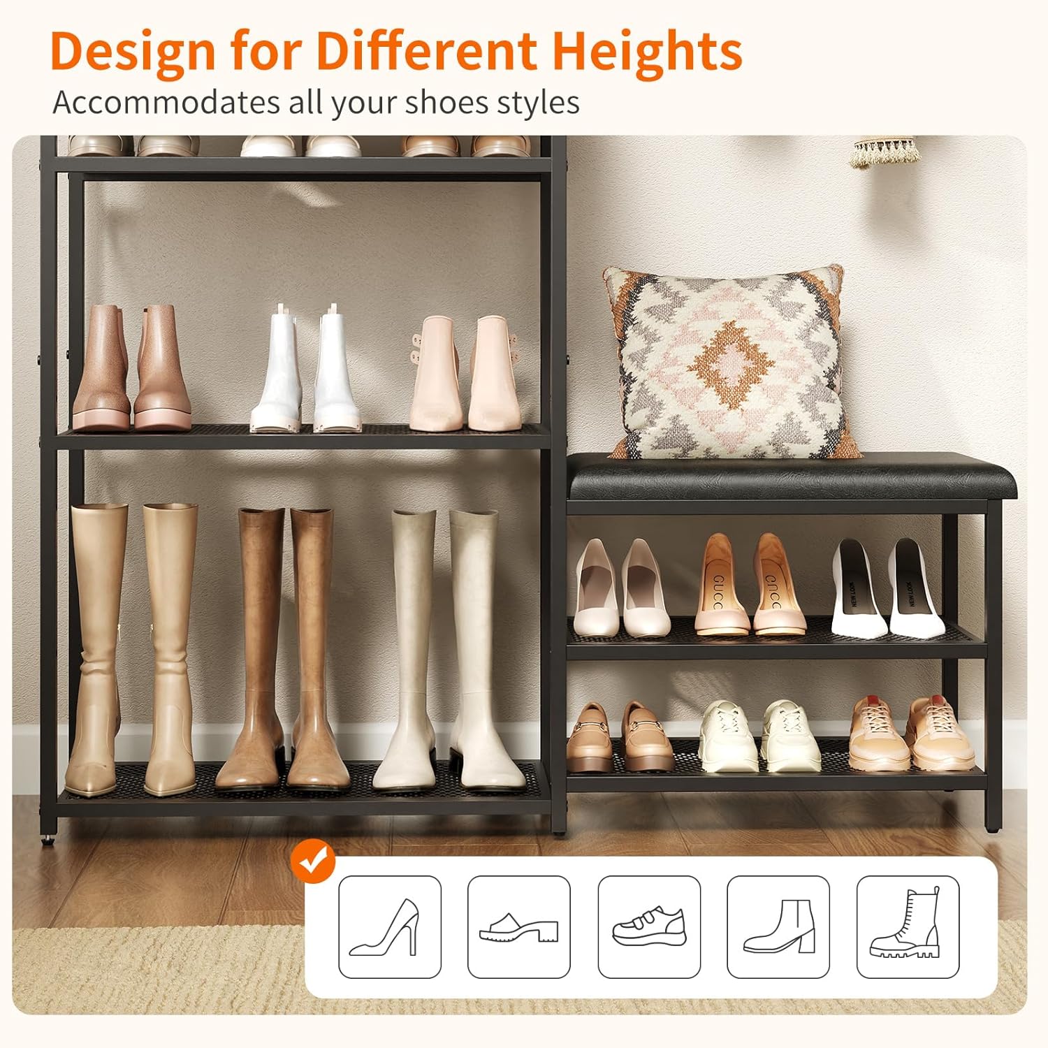 Shoe Rack for Entryway, 5-Tier Shoe Organizer Bench with Cushioned Seat and 2 Drawers, Metal Frame, Wood Top, Adjustable Feet, Holds 16-20 Pairs, Shoe Shelf Stand for Closet, Hallway, Front Door