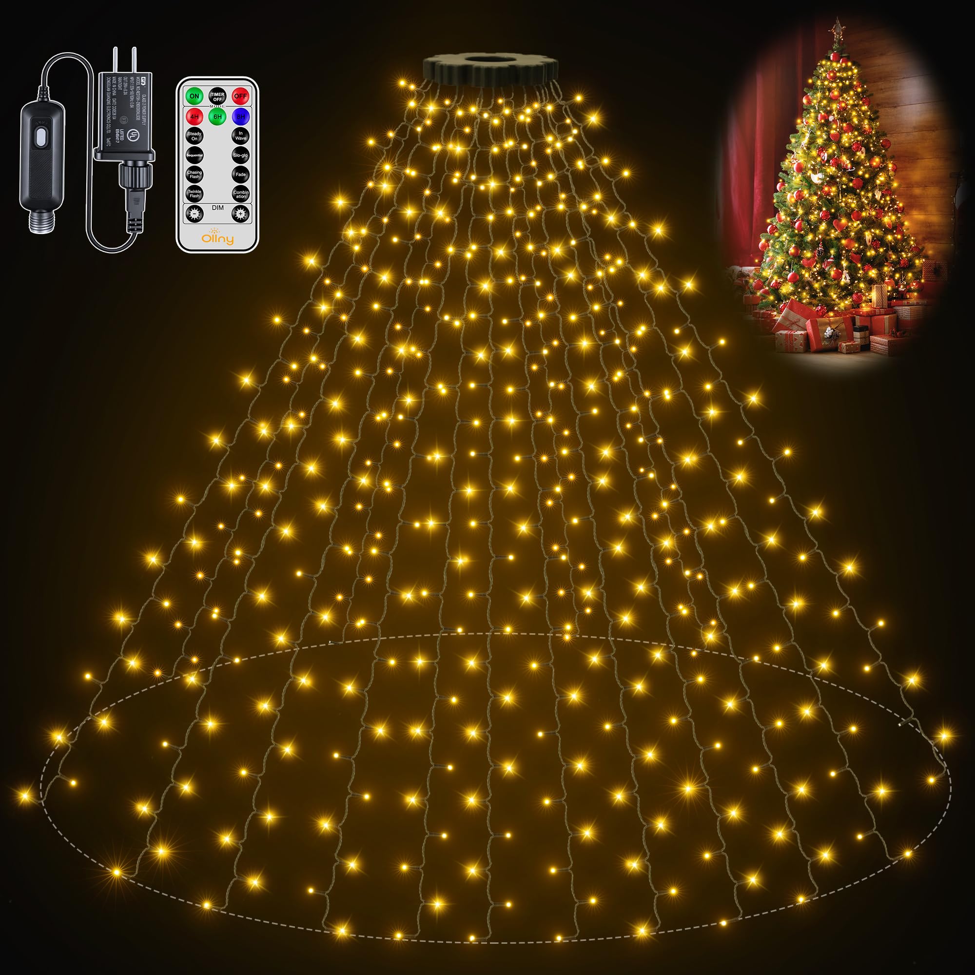 Ollny Christmas Tree Lights 400LED 8.2ft*16 strings with Ring (Warm White)