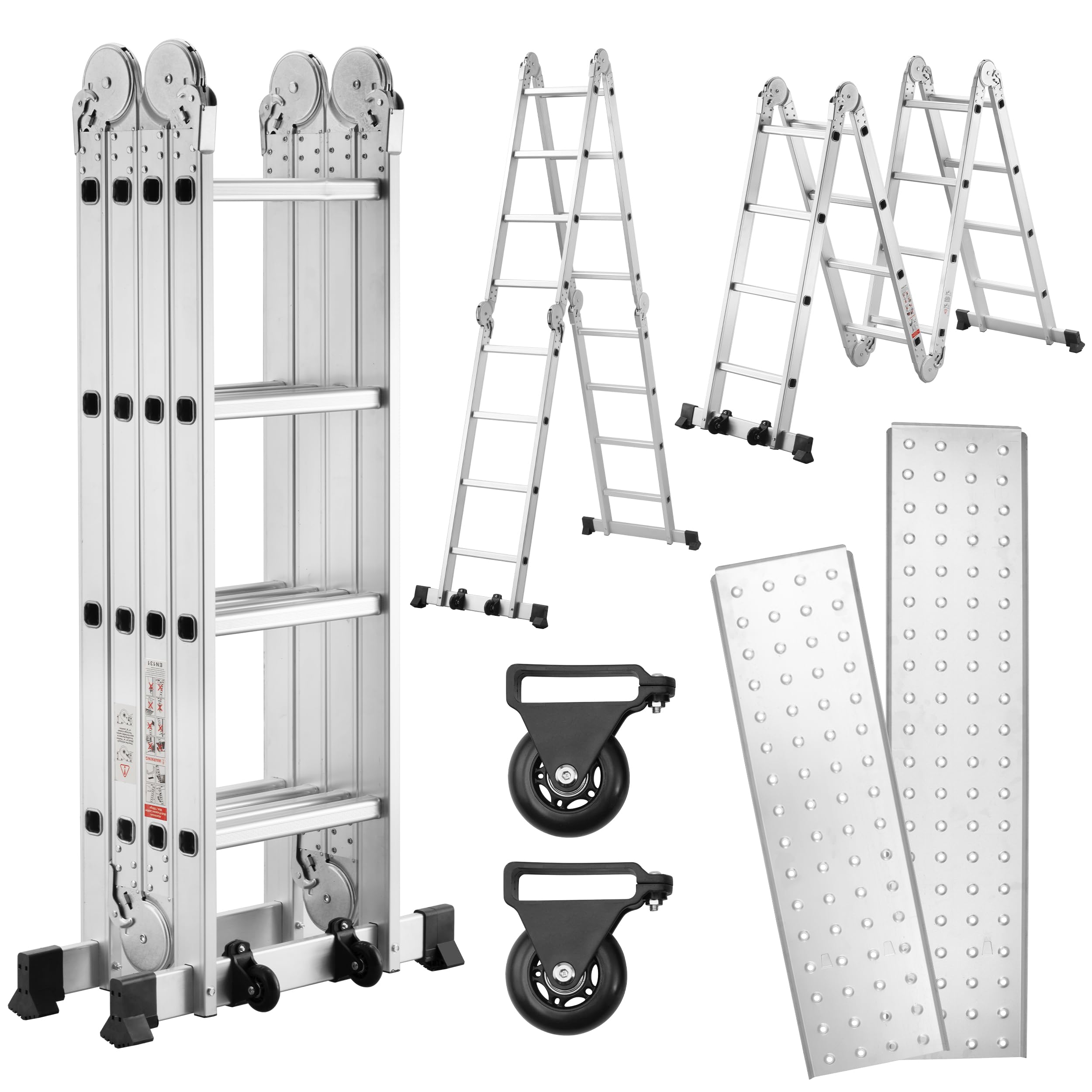 TEENO Scala Multiuso 7 in 1 in Alluminio, 4.7 M, 4x4 Gradini, Scaletta Pieghevole con 2 Piattaforme, 2 Ruote Removibili e Piedini in Gomma, Scala Telescopica Oortata 150 kg, Argento