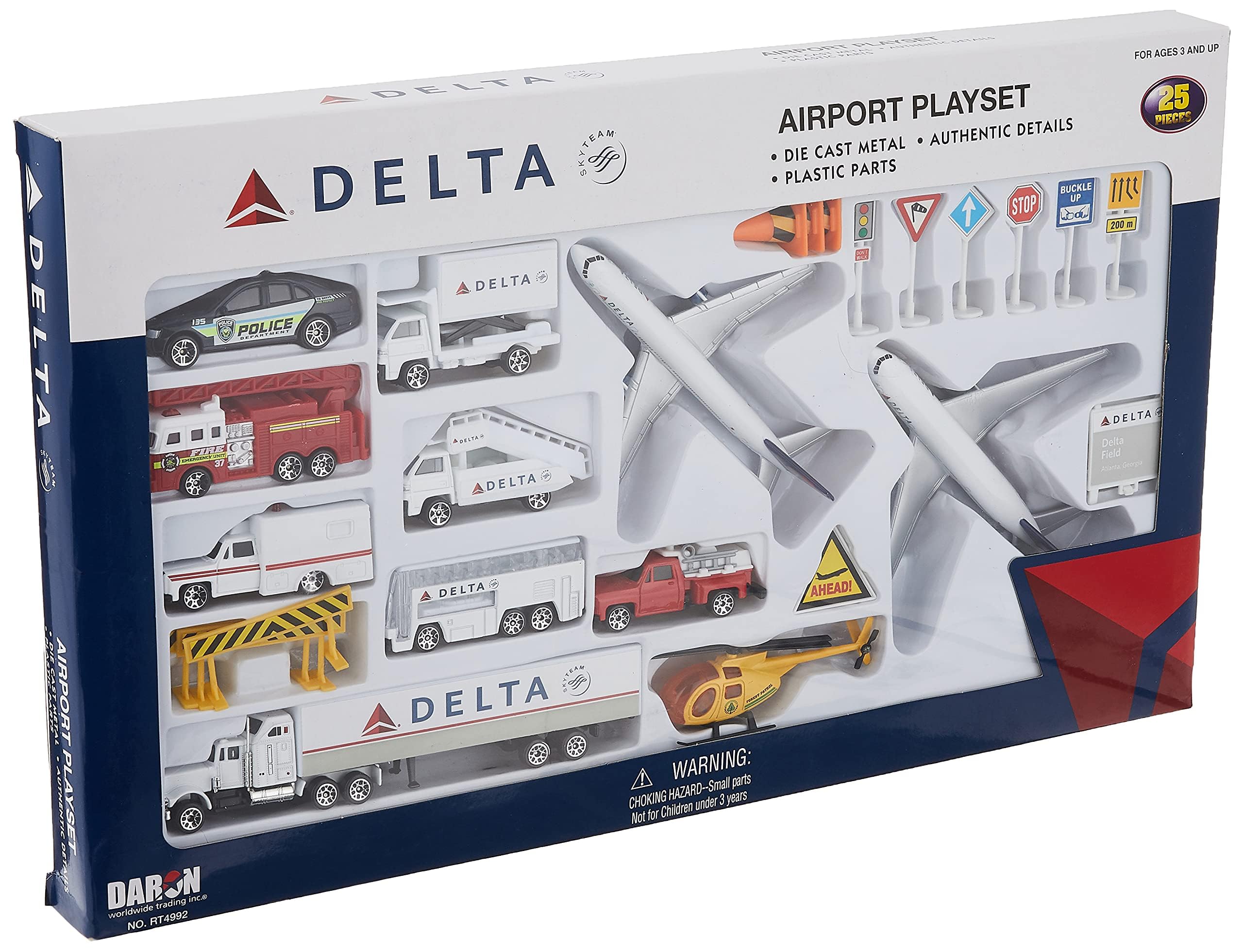 Daron Delta Air Lines Large Airport Playset with Die-Cast Metal Model Airplane with Plastic Parts, Cars and Transportation Toys for Kids Ages 3+