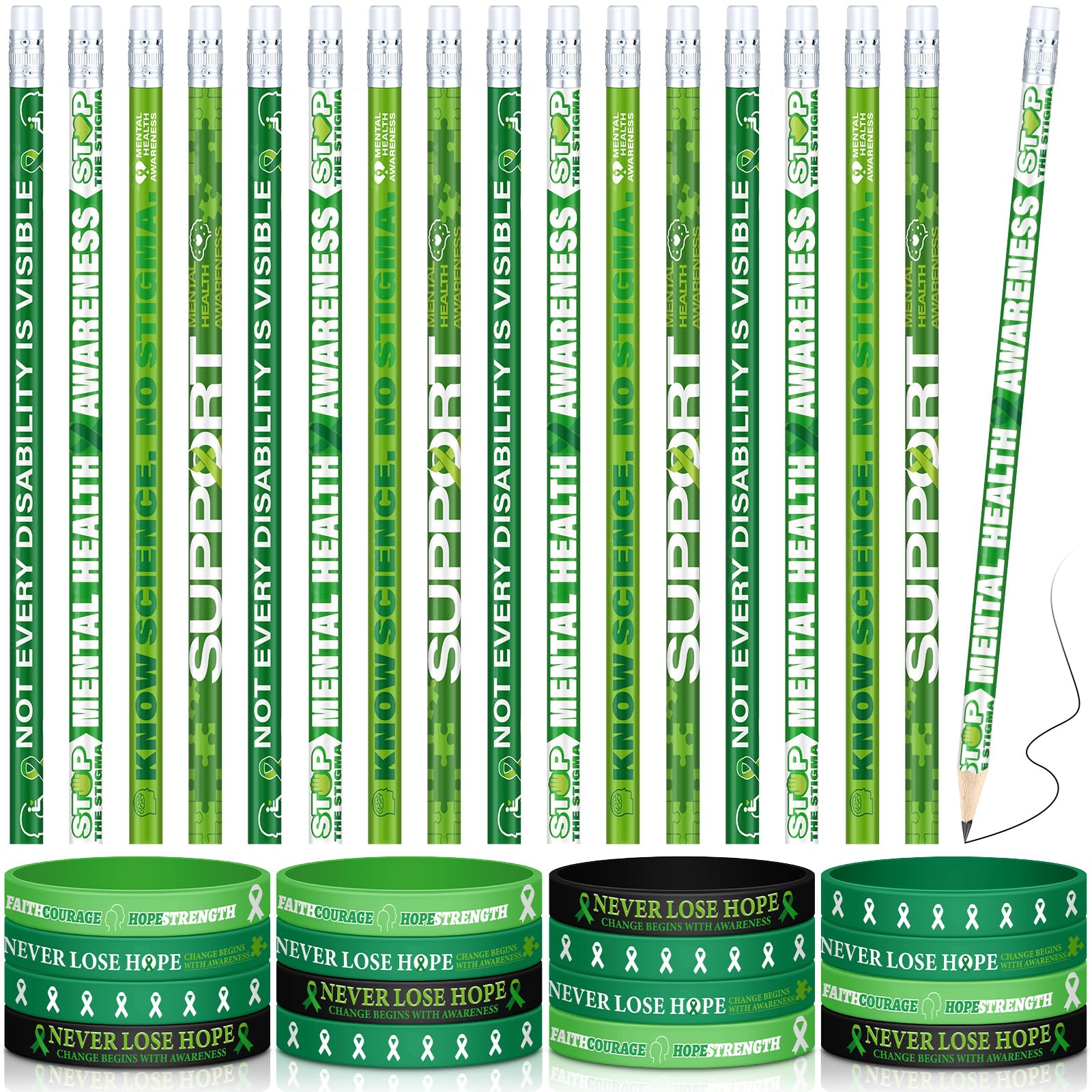 Eaasty 16 Pcs Mental Health Awareness Bracelets Pencils Set With Hope Green Ribbons Motivational Message For Kids Classroom School Gift