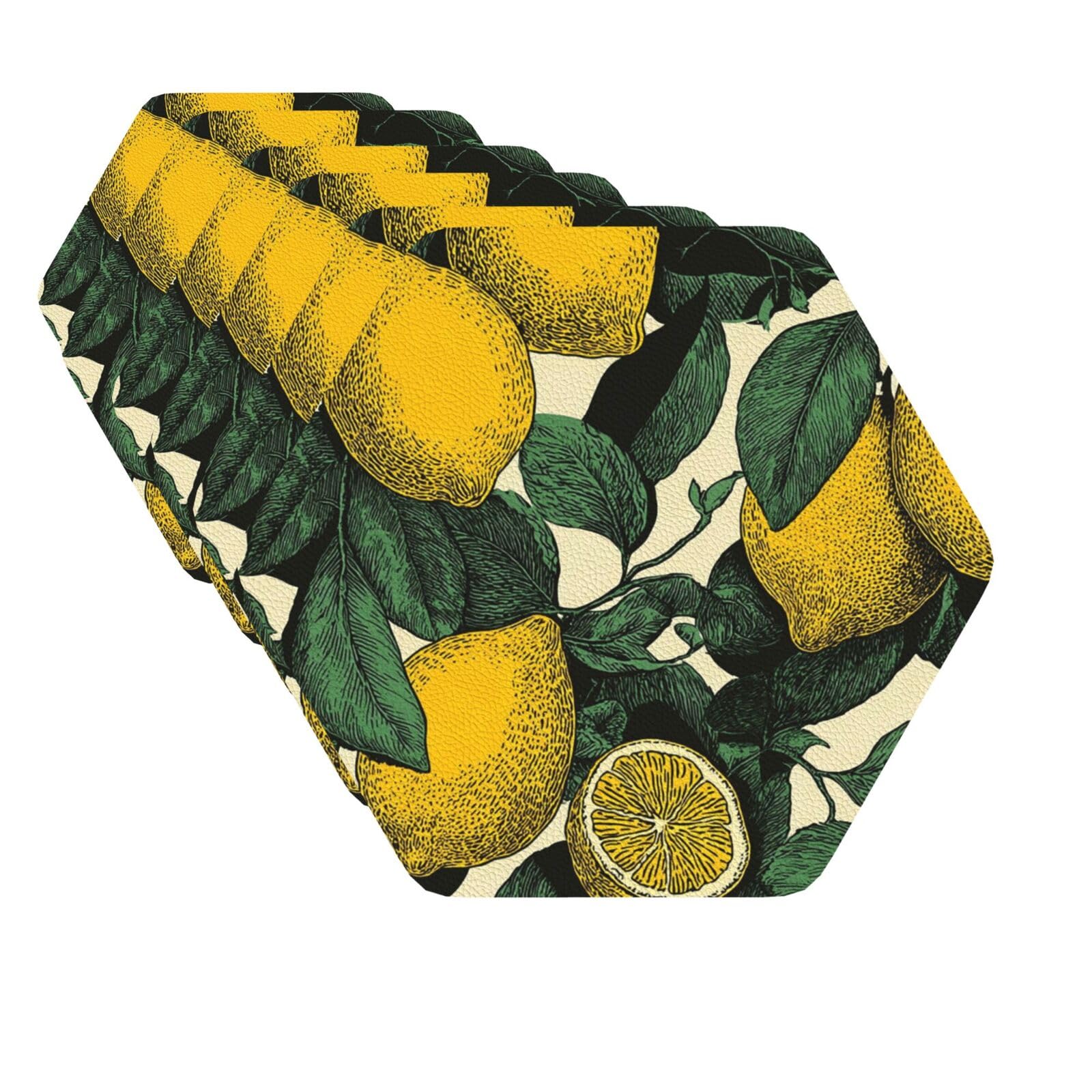 Mxzerfkgla Hexagon Drink Coasters Set Of 6 Decorative Leather Coasters Lemon Fruit Pattern Coasters For Drinks Cups Mugs Mat Pads Absorbent Non-Slip Coasters For Coffee Table Kitchen Bar Home Decor