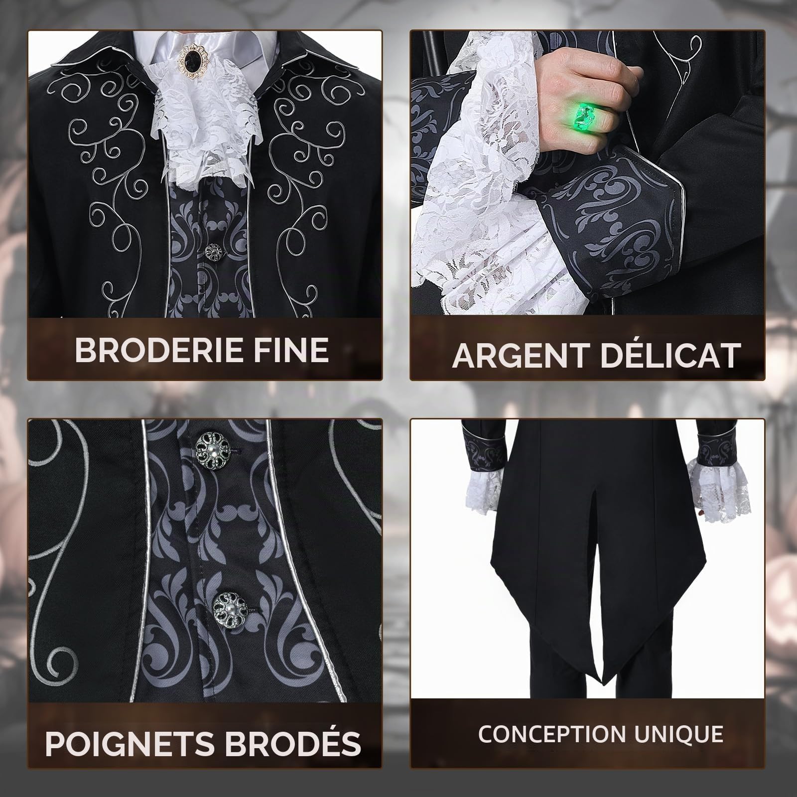 IEEILULU Veste Steampunk pour Homme, Médiéval Veste Victorienne Manteau, Gothique Renaissance Gothique Homme Steampunk avec Dentelle Jabot Menottes pour Halloween Cosplay