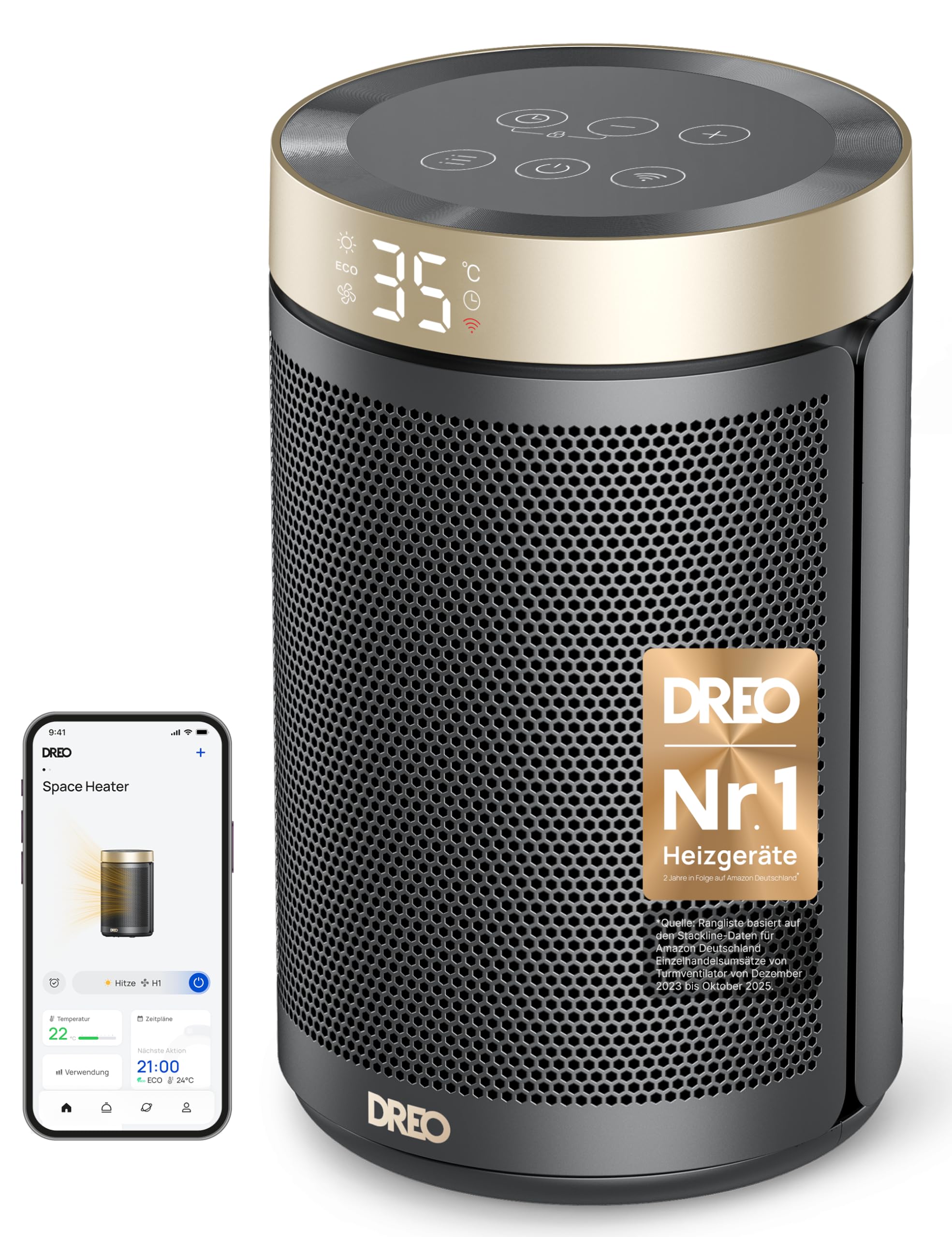 Dreo Energiesparender Heizlüfter, 1500W energiesparender leiser Raumheizer, tragbare Keramik-Fan-Heizer, Thermostat 3 Modi 12H Timer, Überhitzungs- und Kippschutz, für Schlafzimmer, Atom 316, Gold
