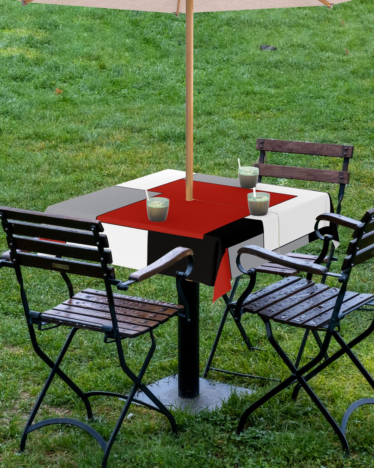 Abstract Red Black Grey Outdoor Tablecloth with Umbrella Hole, Geometric Color Block Waterproof Zippered Table for Square Tables Modern Fabric Tabletop Collection for Patio, Garden, 54 x 54 Inch