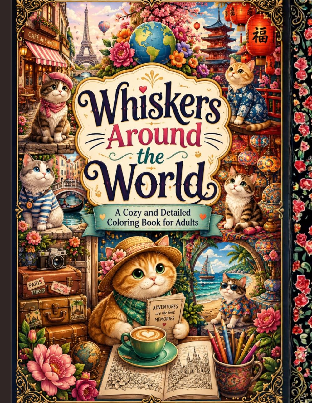 Whiskers Around the World: A Cozy and Detailed Coloring Book for Adults