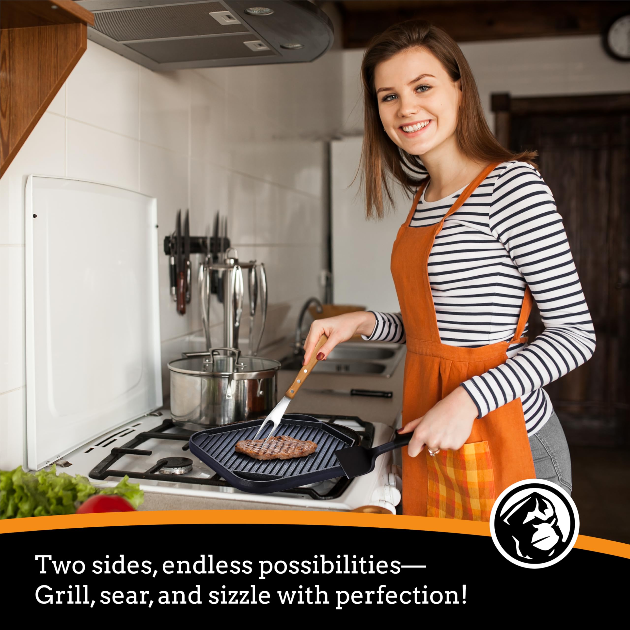 Mountain Grillers Reversible Cast Iron Griddle - Flat Top Griddle Pan and Grooved Grill-Pan Style - for Gas Stovetop, Oven, and Open Fire, Black - 10.6 x 10.6 Inches