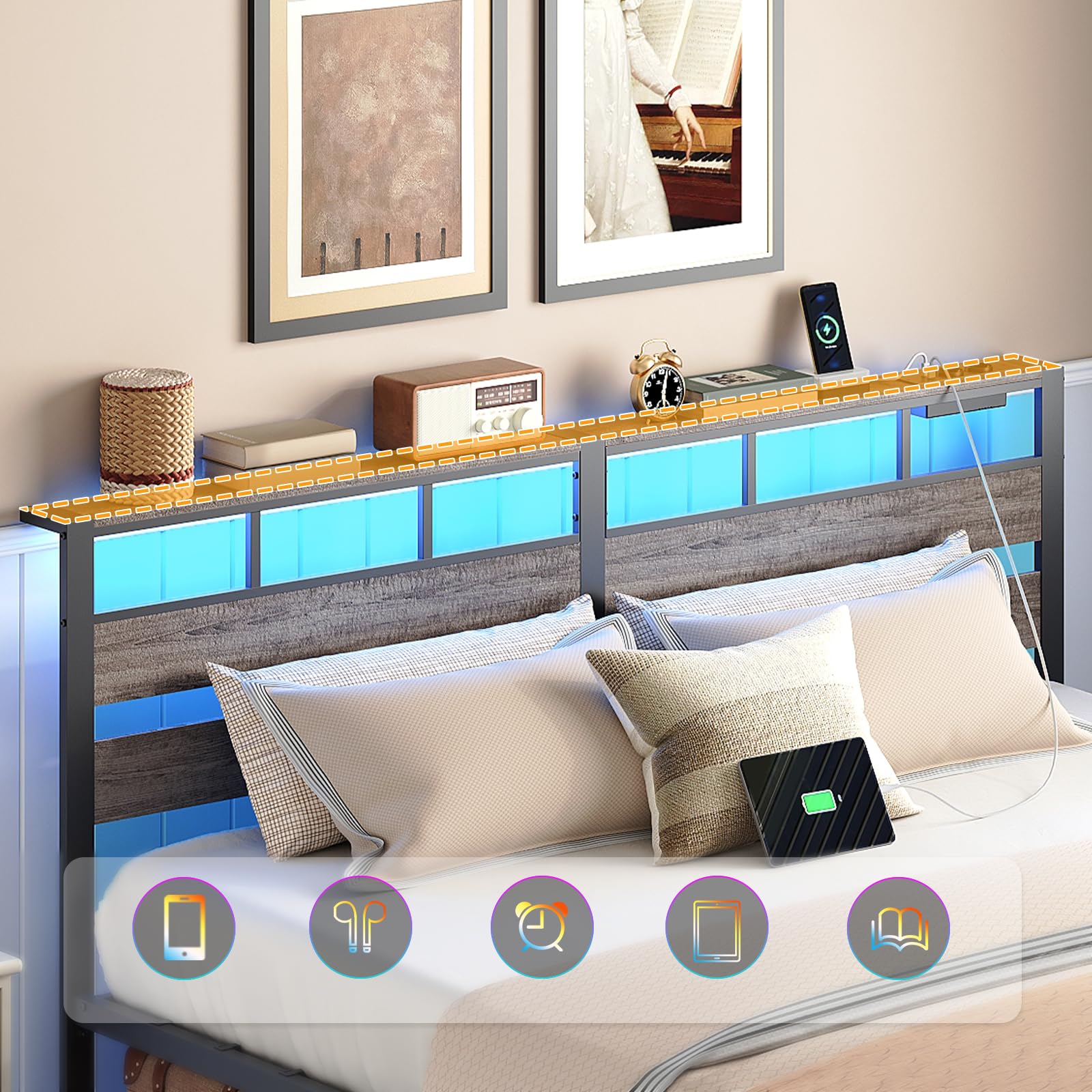 HOOBRO Cama 180 x 200 cm, Estructura Metálica con Ilminación LED, Enchufes y Espacio de Almacenaje, Cama Matrimonio con Cabecero, para Dormitorio, Color Negro Carbón EBC80CDBF01