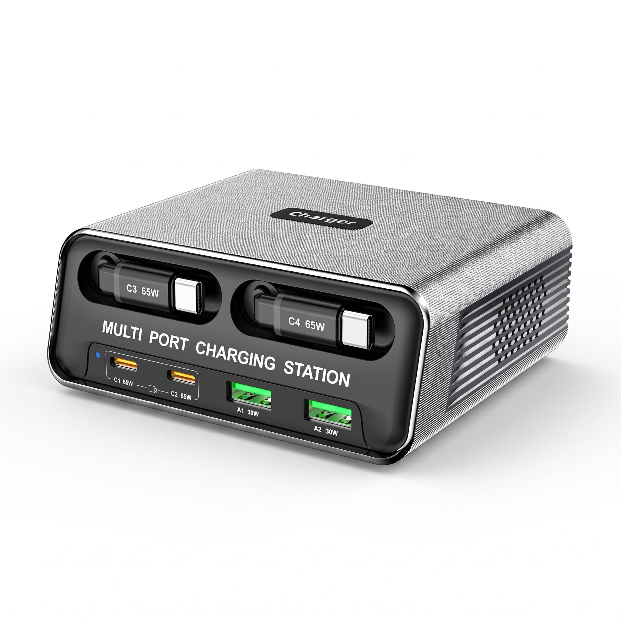 Sxhlseller Station de Charge de Bureau 6 Ports avec Affichage Numérique, Chargeur 65 W avec 2 Câbles de Type C Intégrés, Chargeur USB C Multiport pour Ordinateur Portable, Téléphone, Tablette (Prise
