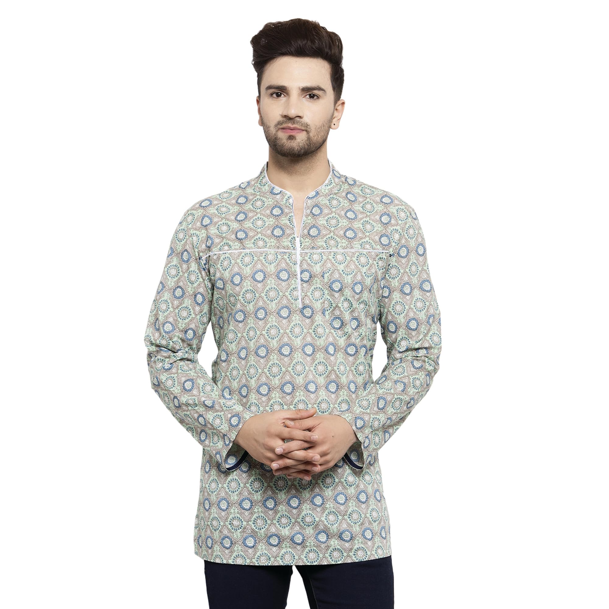 Men’s Cotton Multicolor Full Sleeve Printed Kurta | Regular Fit with V-Neck | Pull-On Closure |Hip Length-image-23