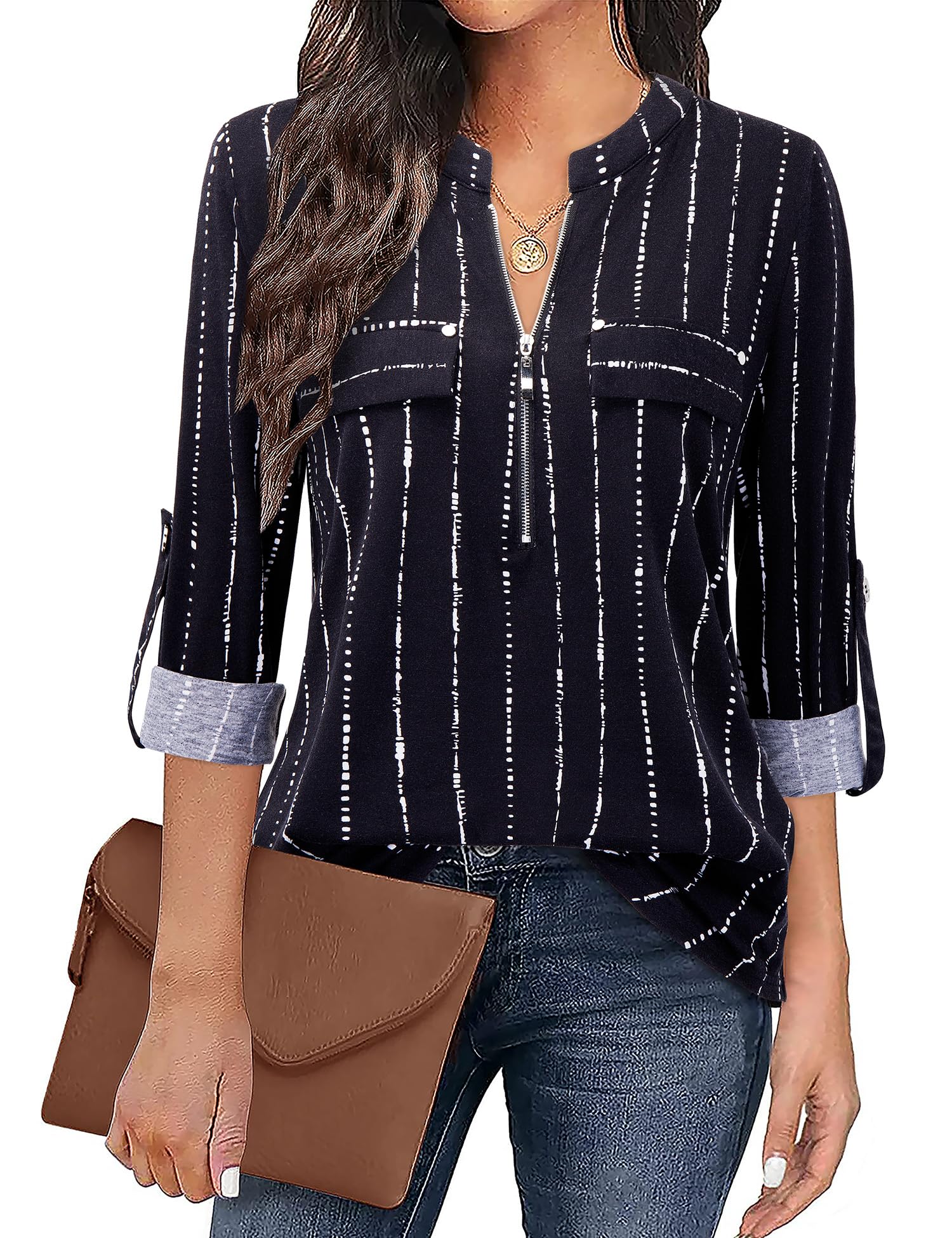Siddhe Damen V-Ausschnitt Bluse 3/4 Ärmel Tunika mit Reißverschluss Elegant Longbluse Lange Shirt Casual Langarm Top Shirt Oberteil