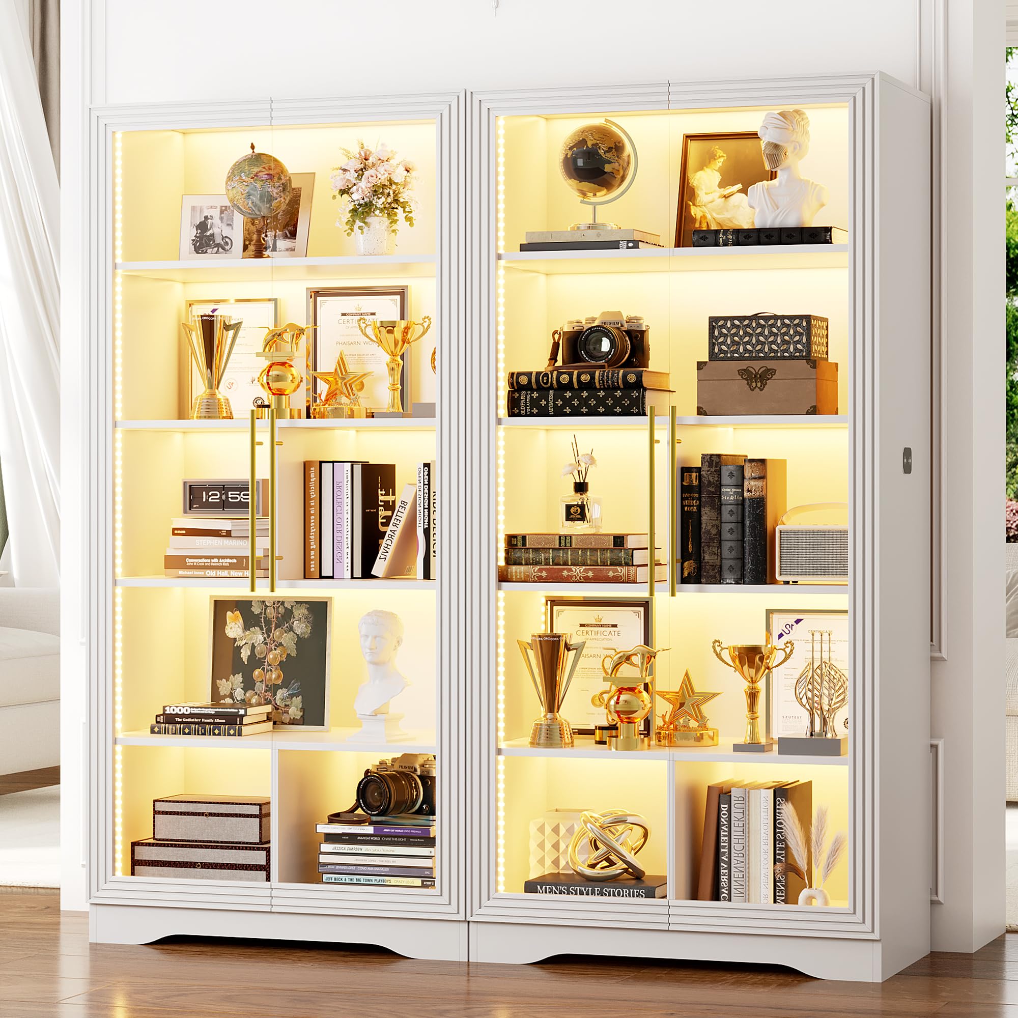 LVSOMT Glasvitrine mit LED Beleuchtung und Glastüren, Moderner Vitrinenschrank mit Intelligente Sensor, 5-Lagen Glasvitrine Vitrinenschrank für Sammlerstücke, Figuren für Wohnzimmer Schlafzimmer, Weiß