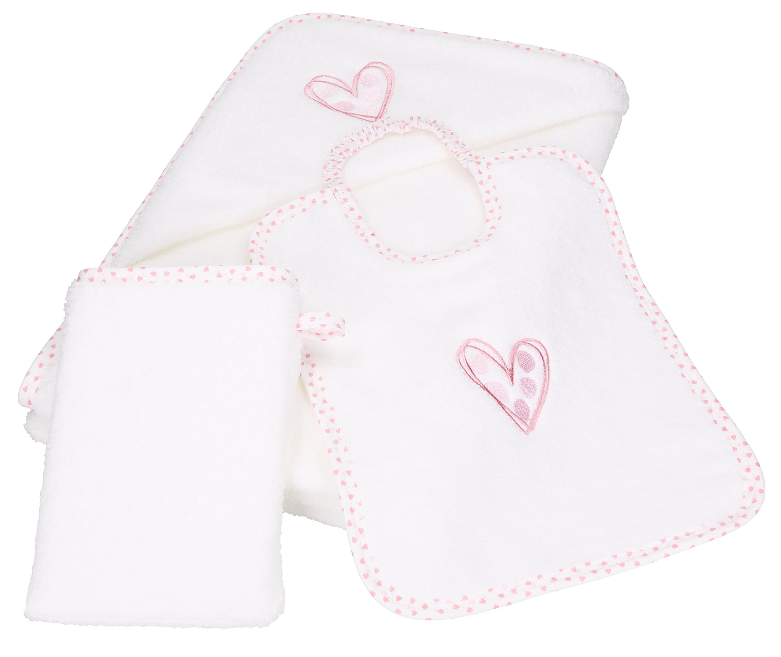 Betz 3 pièces Babyset Coeurs 1 Serviette de Bain à Capuche 85x85 cm 1 Bavoir 1 Gant de Toilette pour bébé 100% Coton Couleur Blanche-Rose
