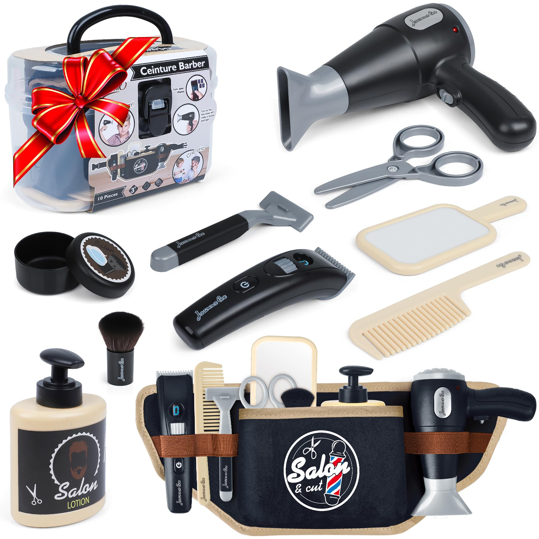 WishaLife Barber Shop Pretend Play Toy with Toolbelt, Kids Shaving Kit for Boys, Haircut Kit for Boys 3+ Year Old Birthday Gift, Hair Salon Toddler Play Set, with Storage Box for Role Play, Black