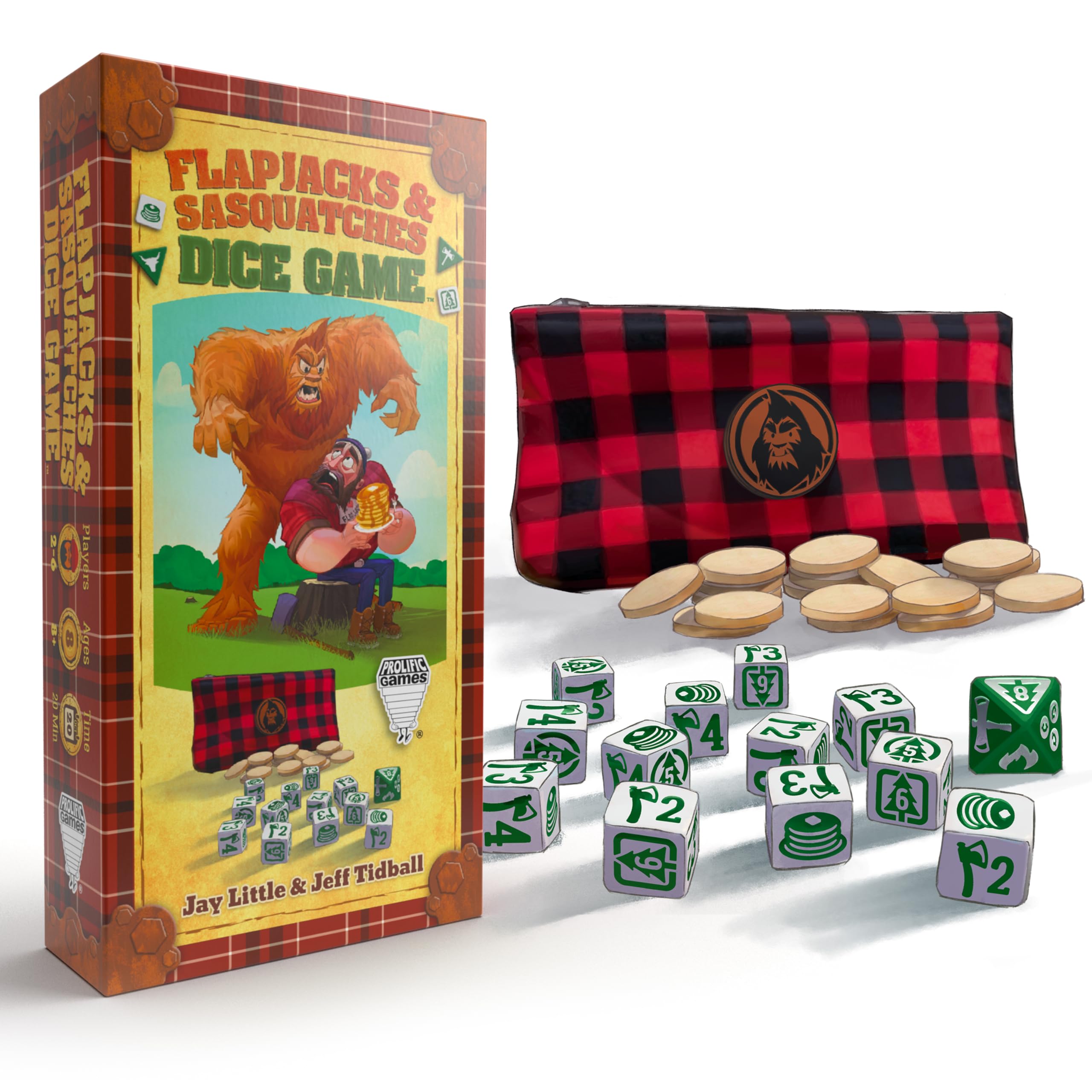 Prolific Games Flapjacks & Sasquatches Lumberjack Dice Game - Quick-Playing in a Zippered Travel Pouch - Great for Camping & Car Trips - Adults, Teens, and Kids - 2 to 6 Players - Ages 8+