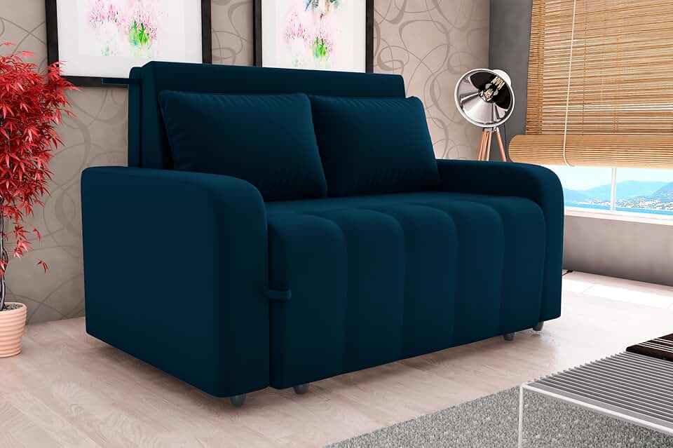 Sofá Cama Casal 3 Lugares Reclinável e Retrátil Com Almofadas Aconchegantes Tecido Veludo Azul Marinho Premium Kazamov