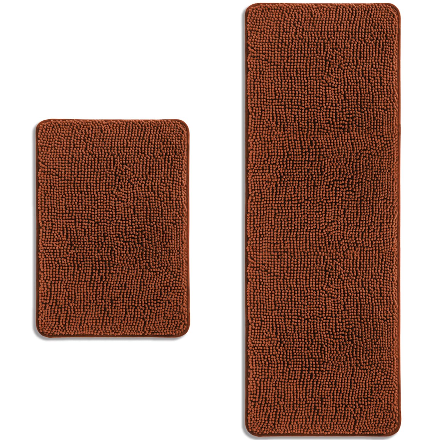 PureSwan Bathroom Rugs Sets 2 Piece – Absorbent and Washable Bath Mat, Non-Slip, Thick Soft Chenille Bath Rugs for Bathroom Floor, Shower, Sink(17" x 24"+17" x 47", Rust)