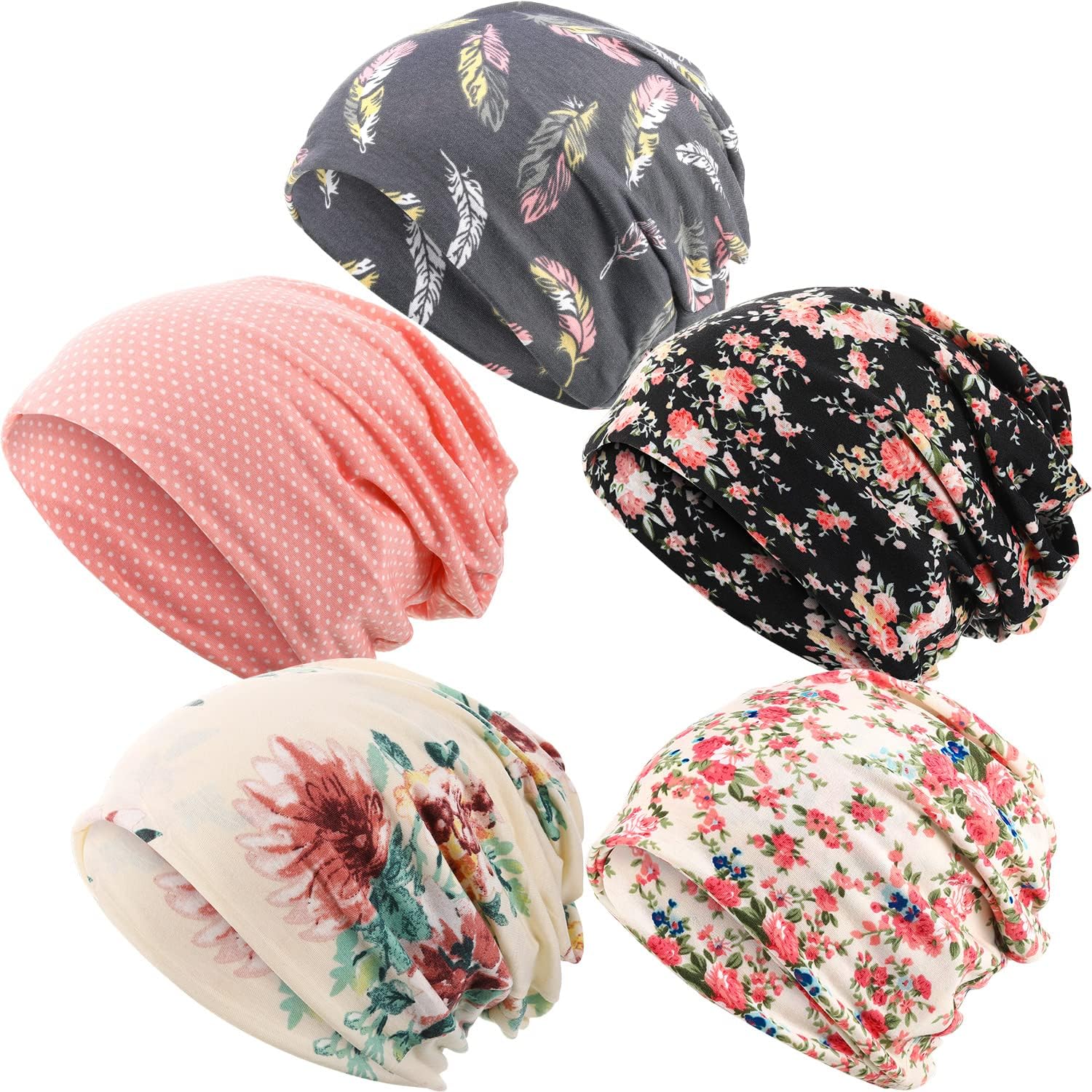 SATINIOR 5 Pieces Women’s Slouchy Beanie Chemo Hat Stretch Cancer Head Wraps Sleep Head Scarf for Cancer Patient