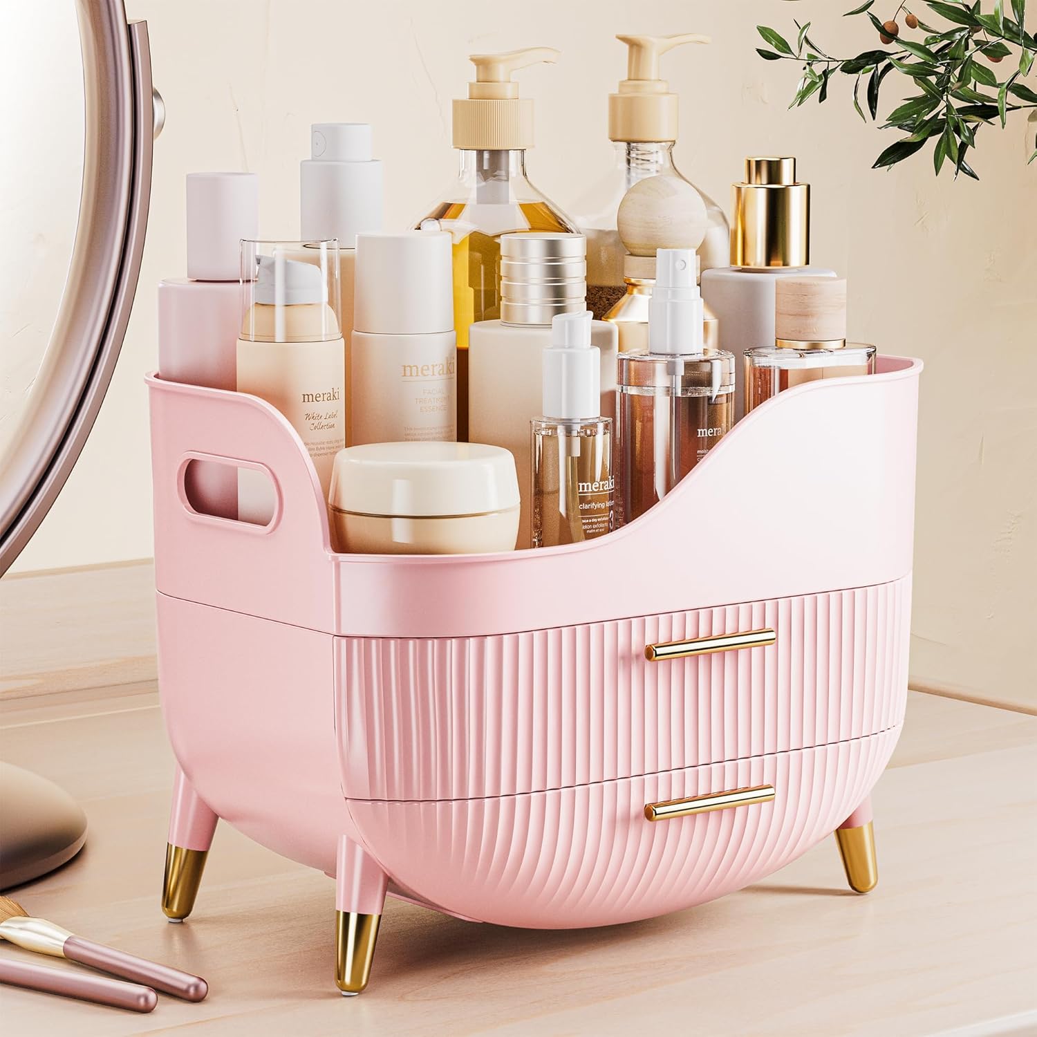 VG VISIONGOOD Makeup Organizer, Large Cosmetic Organizers Case for Dressing Table, Skin Care Organizer for Lipsticks, Nail Care, Ideal for Dressing Table, Bedroom, Bathroom (Pink)