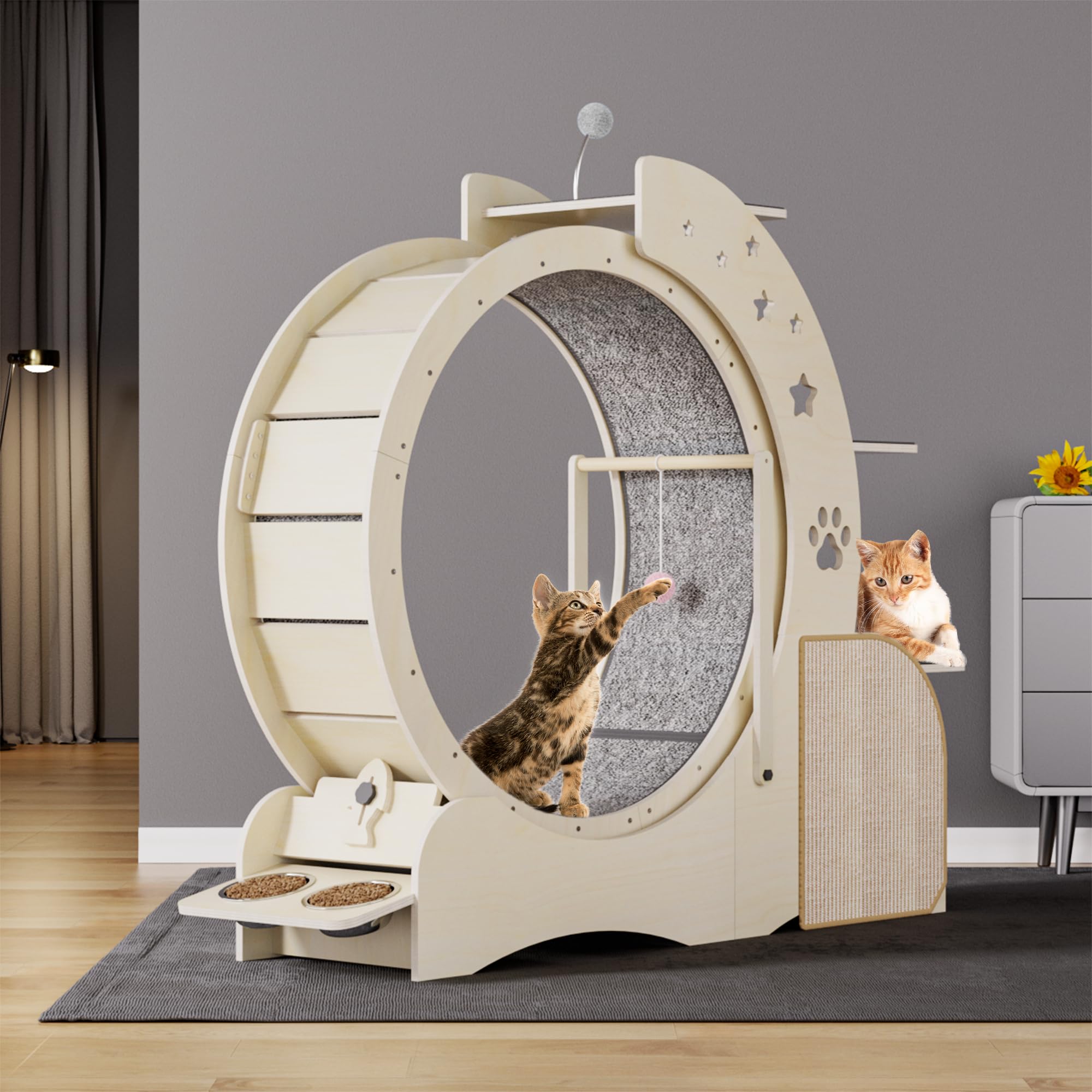 Ruota per Gatti 5 in 1 in Legno Multifunzionale Bloccabile Ruota per Esercizi per Gatti Tiragraffi a Scaletta per Gatti a 3 Livelli con 2 Ciotole Giocattoli Interattivi per Gatti