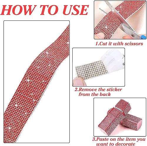 Miniatura 7 de Tiras autoadhesivas de diamantes de imitación de cristal rojo, 7 filas de 4 yardas con diamantes de imitación de 0.079 pulgadas para manualidades