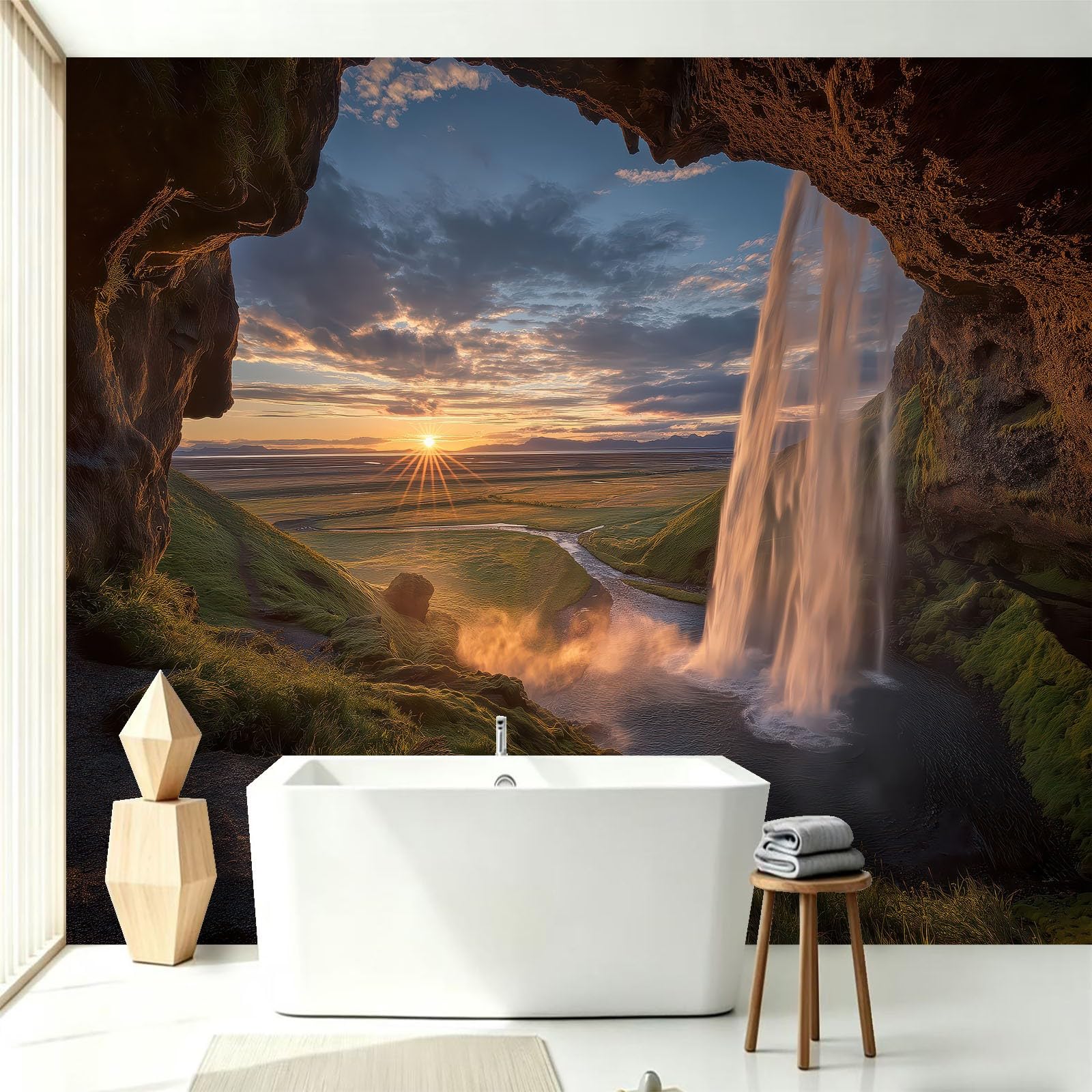 Seljalandsfoss - Carta da parati fotografica con foto di documentari e fotografie, carta da parati in tessuto non tessuto, per sfondo personalizzato, motivo: cascata, grotta di Seljalandsfoss