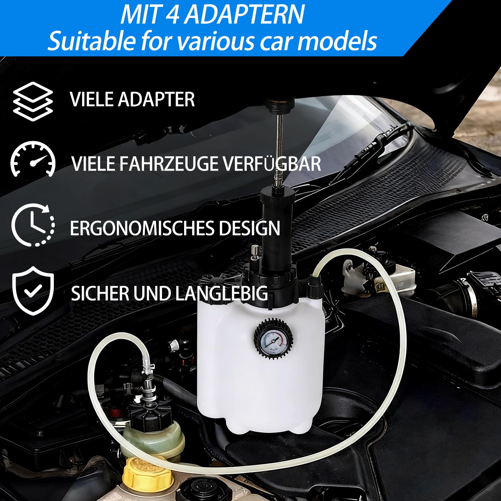 3L Bremsenentlüftungsgerät und 1L Bremsflüssigkeits Auffangbehälter – Manuelles Kit für Bremsflüssigkeit Wechsel & Entlüften, E20 Adapter für meisten europäischen Autohauptzylinder (4 Adaptern)