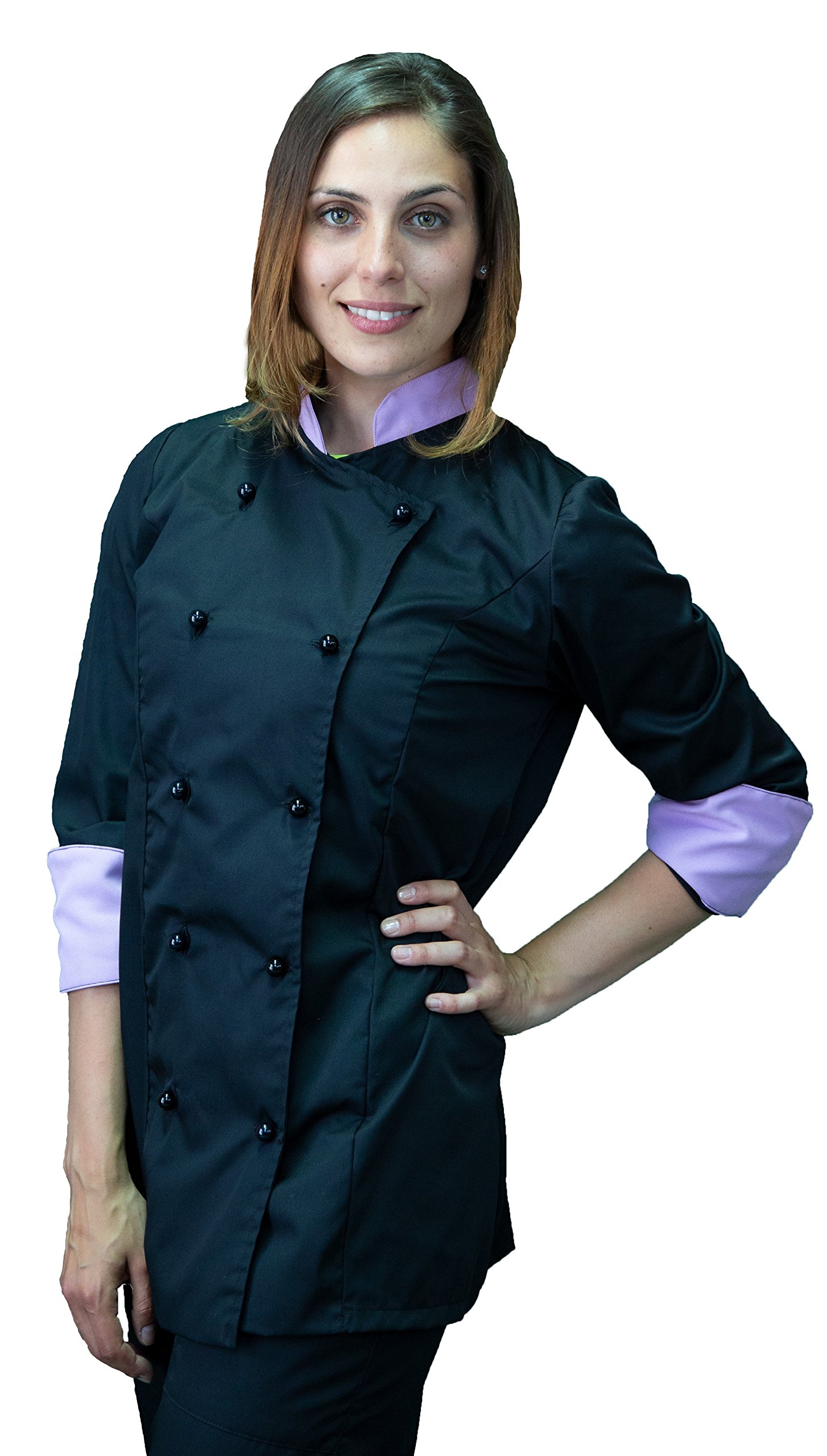 Ricamo Gratuito - Completo Cuoco da Cucina - Nero e Lilla - Divisa Chef Donna - Pantalone, Giacca e Grembiule - Made in Italy
