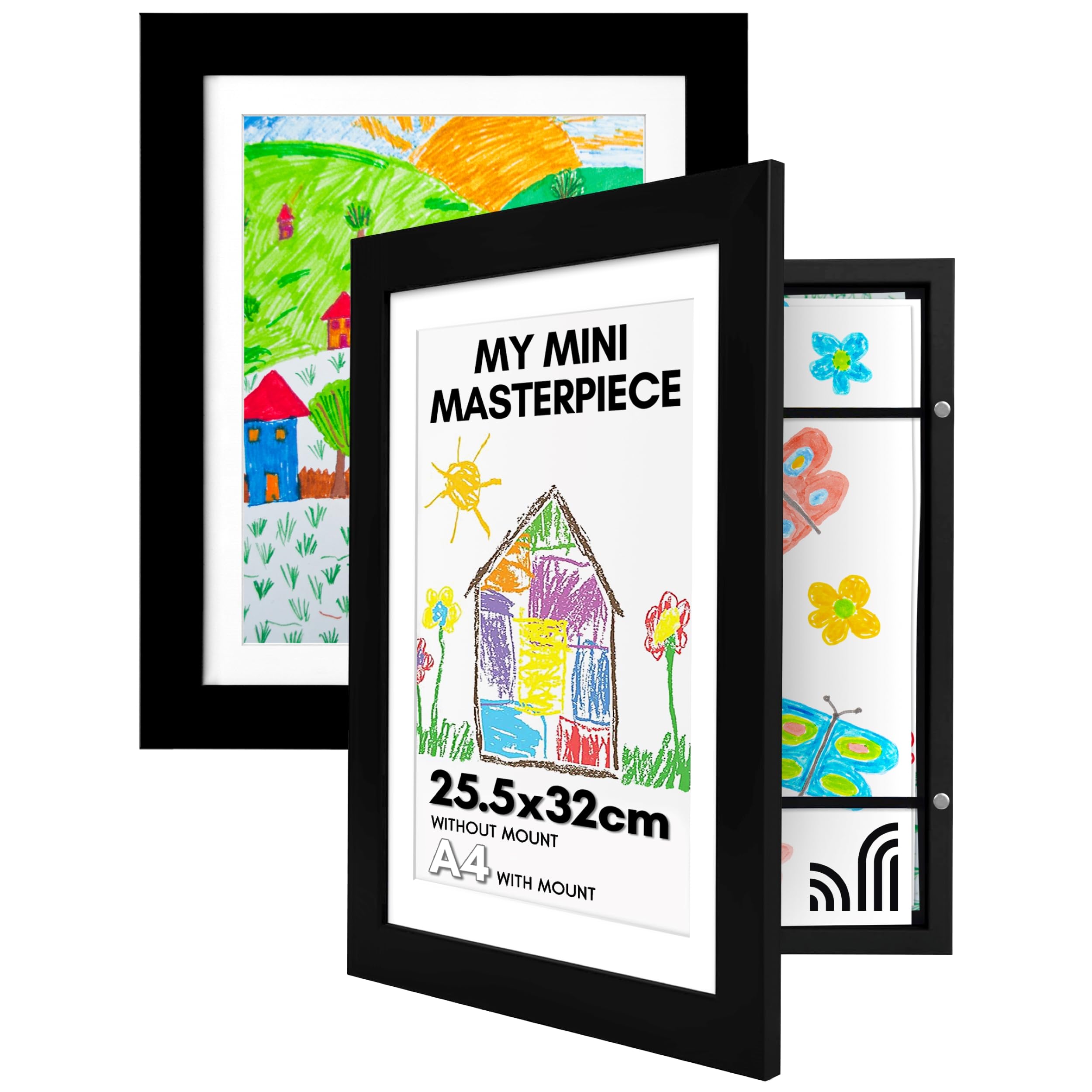 Americanflat - 2 Pack - Kids Artwork Frame Changeable (Black) - Magnetic Door Holds 100 Art Pieces - 8.5x11 Letter Size Display with Mat or 10x12.5 Without Mat - My Mini Masterpiece