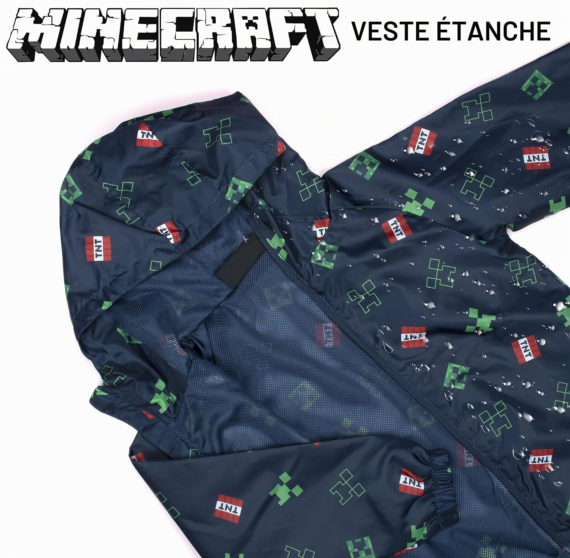 Minecraft Veste imperméable pour garçons de 5 à 12 ans avec doublure et capuche légère et lavable en machine
