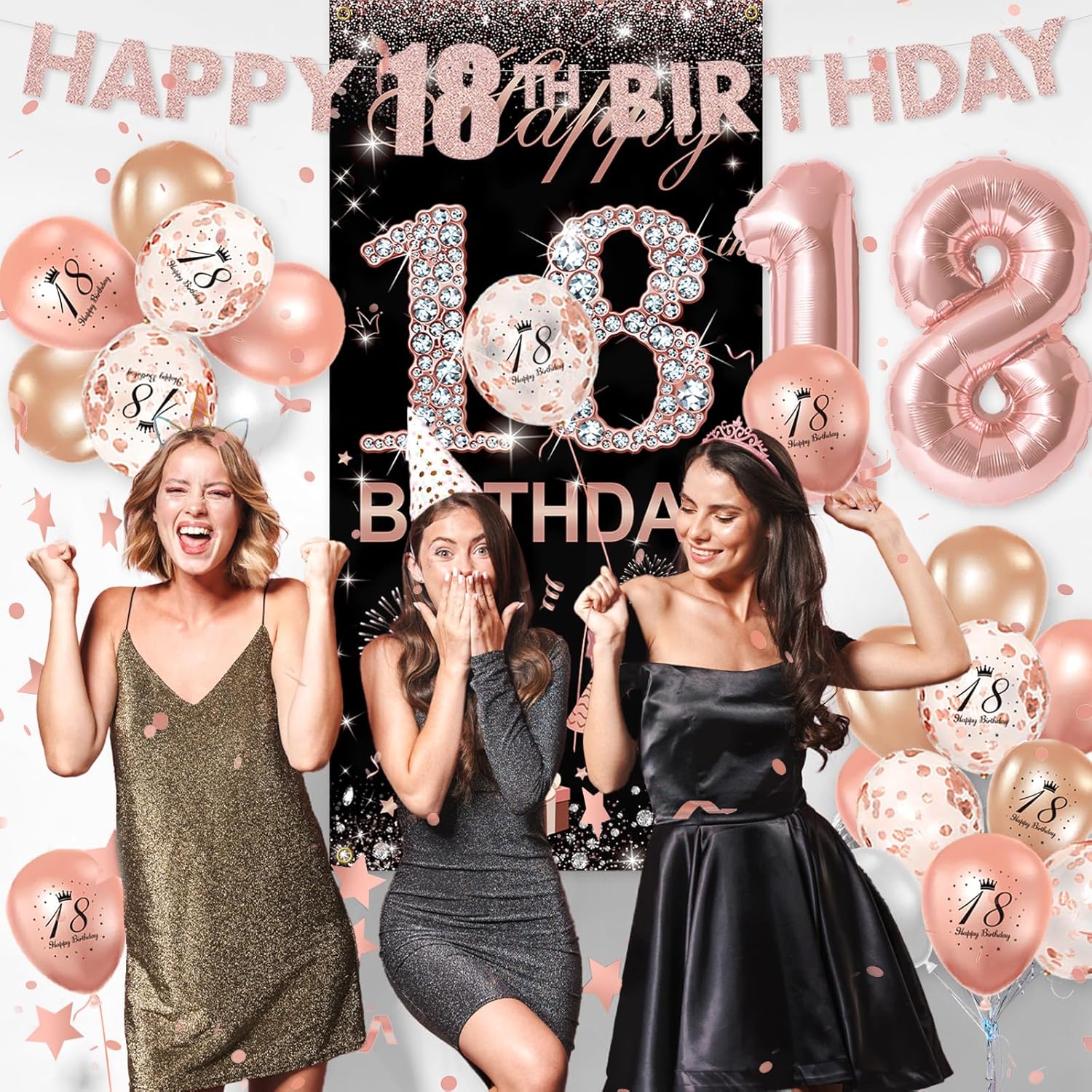 Vicycaty 45Pcs 18th Birthday Decorations for Girls - Rose Gold, Happy 18th Birthday Fabric Backdrop, Photo Props, Yard Sign, Letter Banner, Number 18 Balloons, Party Supplies Kit - Image 4