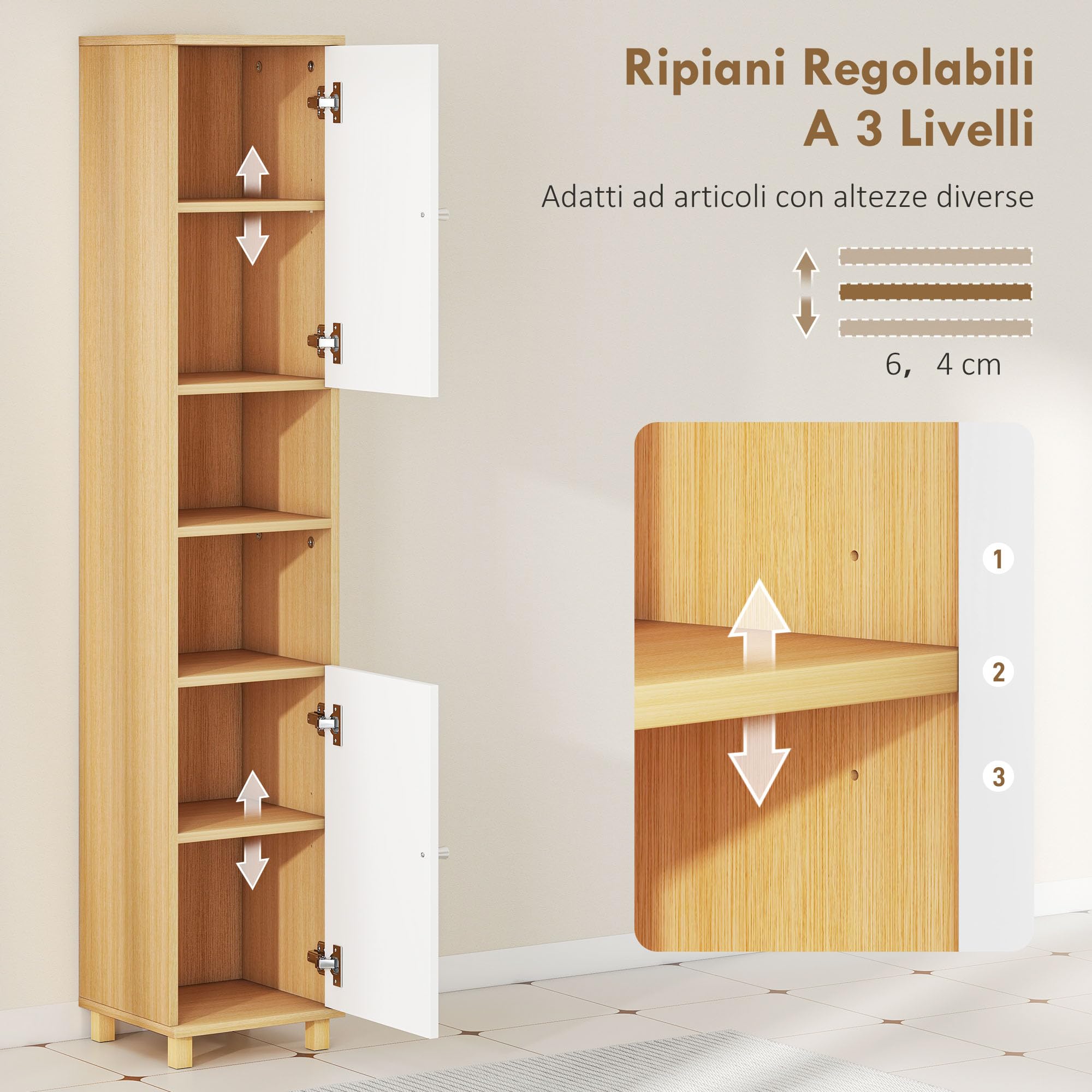 HOMCOM Mobile Bagno a Colonna con Ante 30x30x166 cm Bianco e Legno