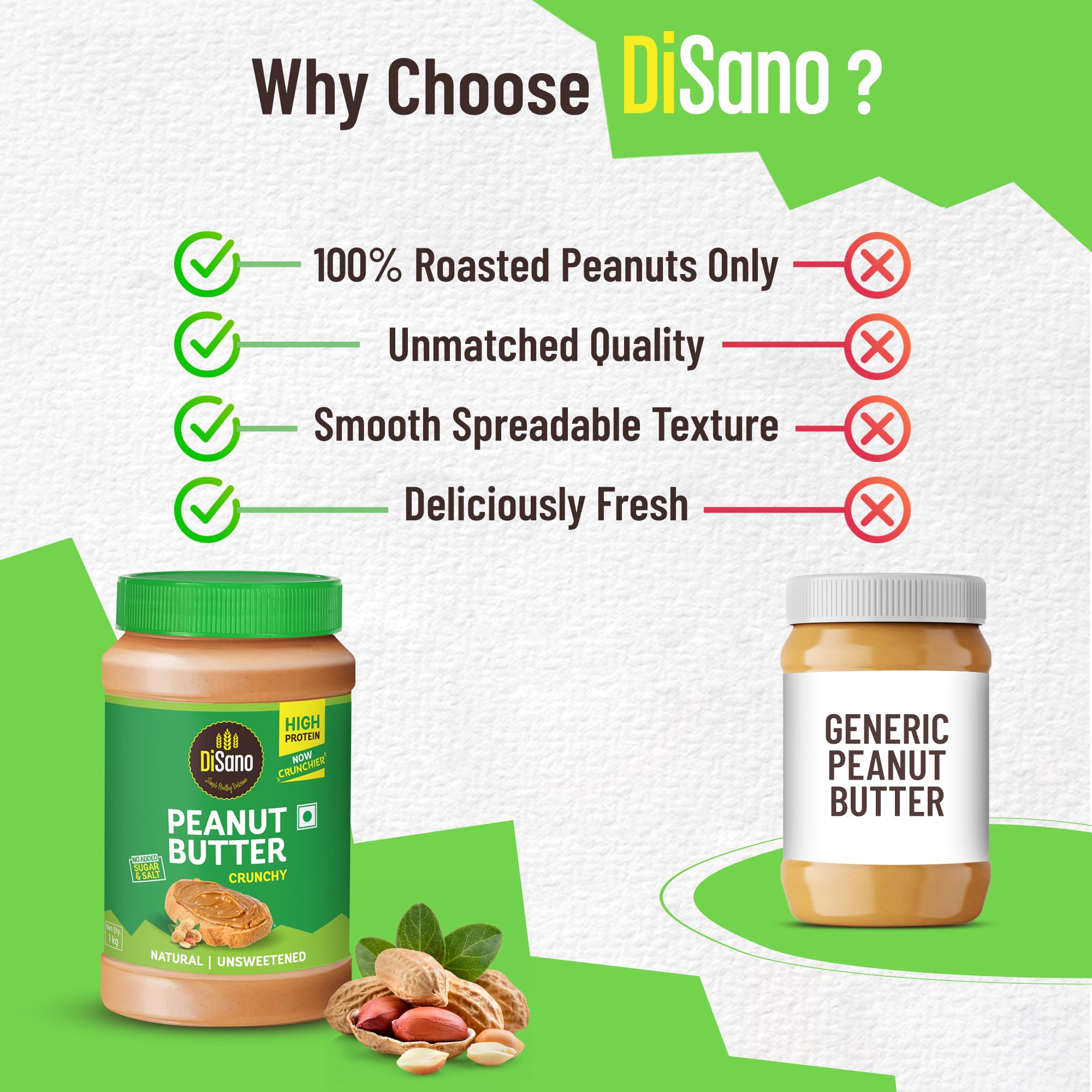 DiSano Natural Peanut Butter Crunchy 1kg, Unsweetened, High Protein Peanut Butter with No Added Sugar or Salt, Nut Butter Spread, 100% Roasted Peanuts 2