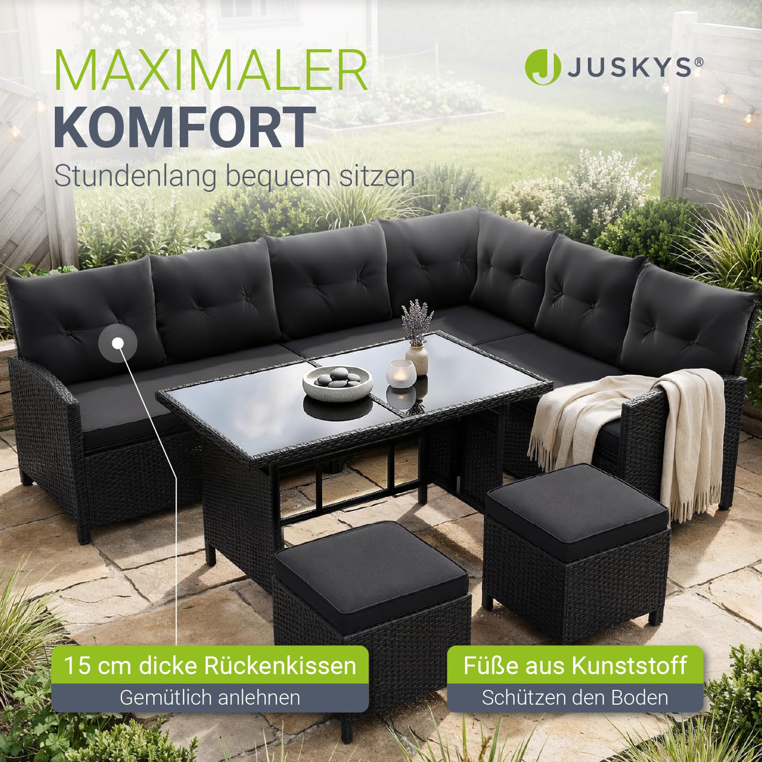 Juskys® Polyrattan Lounge Manacor mit Ecksofa, Esstisch, 2 Hocker & Kissen inkl. Abdeckung - wetterfest bis 7 Personen - Bezüge waschbar - Rattan Garten Sitzgruppe Gartenmöbel Set - Schwarz/Grau