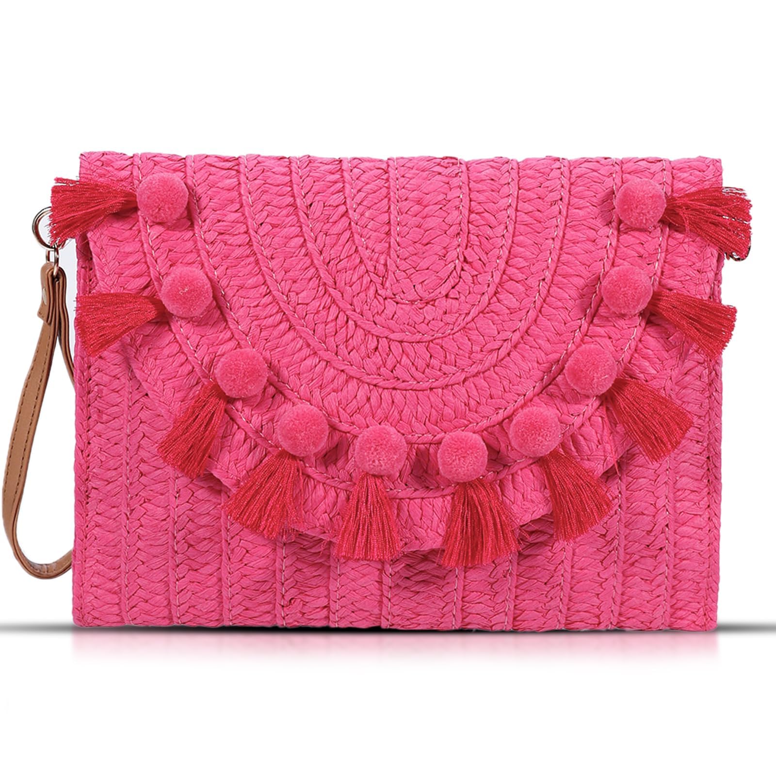 Straw Crossbody Bag for Women, Pink Clutch Purses, Bohemian Handmade Woven Handbags, Tassels Summer Beach Bag, Envelope Wallet (Hot Pink)
