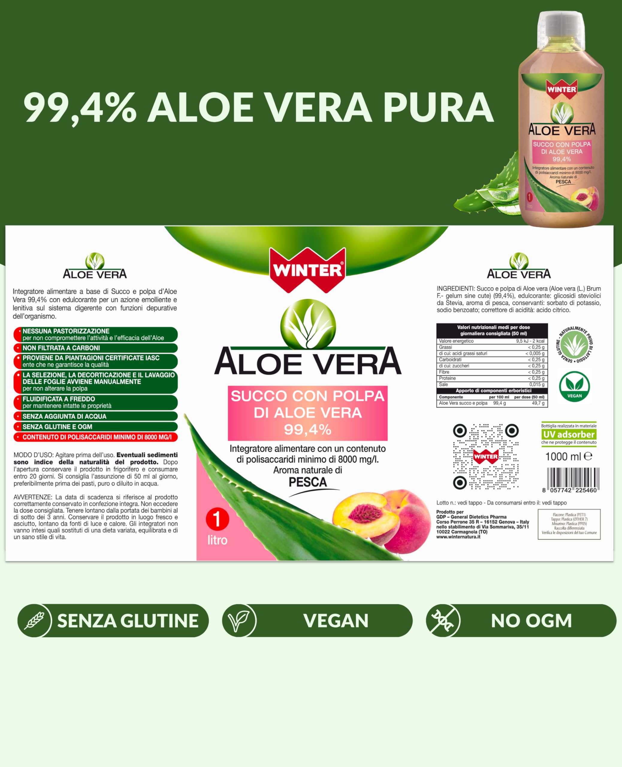 Aloe Vera da Bere 99,4% con Polpa Naturale al Gusto Pesca – Succo Senza Aloina, Made in Italy, 1000 ml – Integratore Depurativo e Digestivo, Fresco e Piacevole da Bere Ogni Giorno