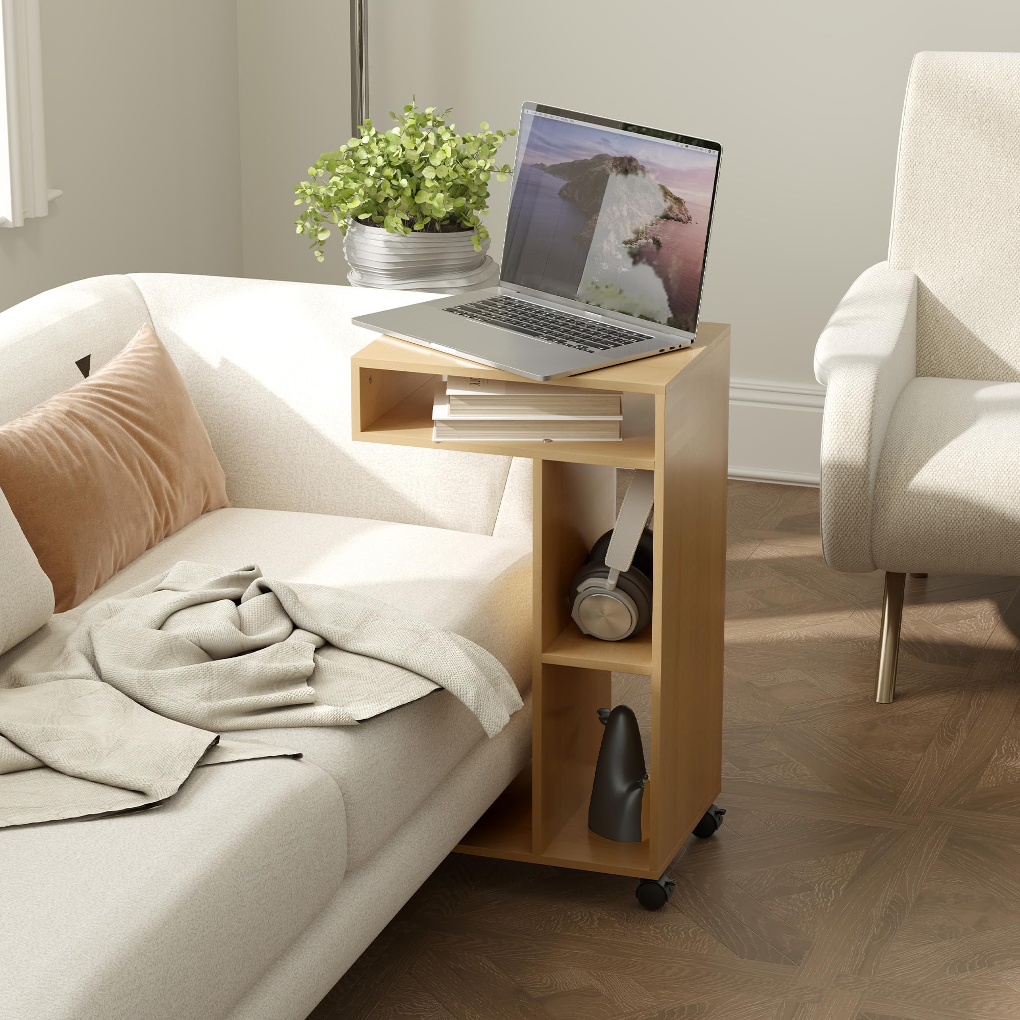 HOMCOM Mesa Auxiliar Multifuncional en Forma de C Mesa Auxiliar para Sofá con Ruedas Compartimentos Abiertos para Sofá Salón Dormitorio Oficina 40x30x69 cm Roble