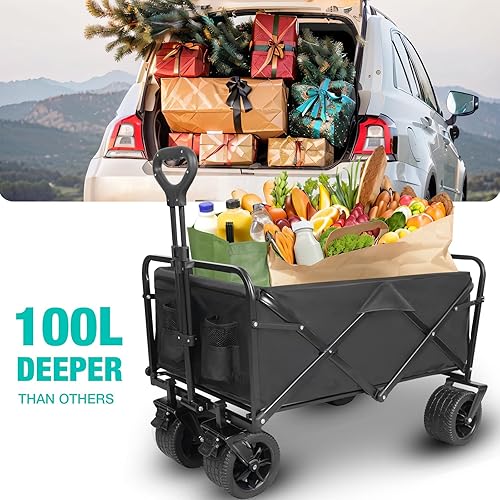 Miniatura 2 de Carro de playa plegable con ruedas grandes todo terreno, carros plegables resistentes con mango ajustable para exteriores, jardín, deportes y