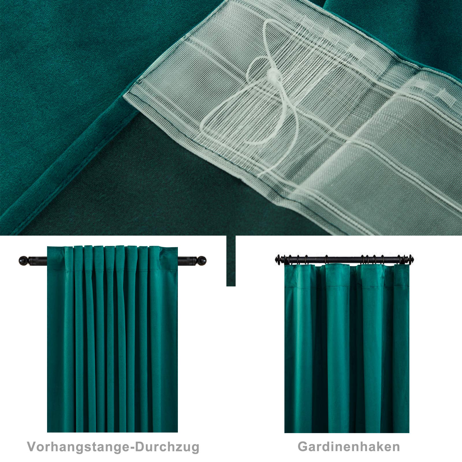 WOLTU Lot de 2 Rideaux Occultant, Rideau Thermique Isolant avec Galon Fronceur, en Velours, pour Salon, Chambre, Vert foncé 140x245 cm