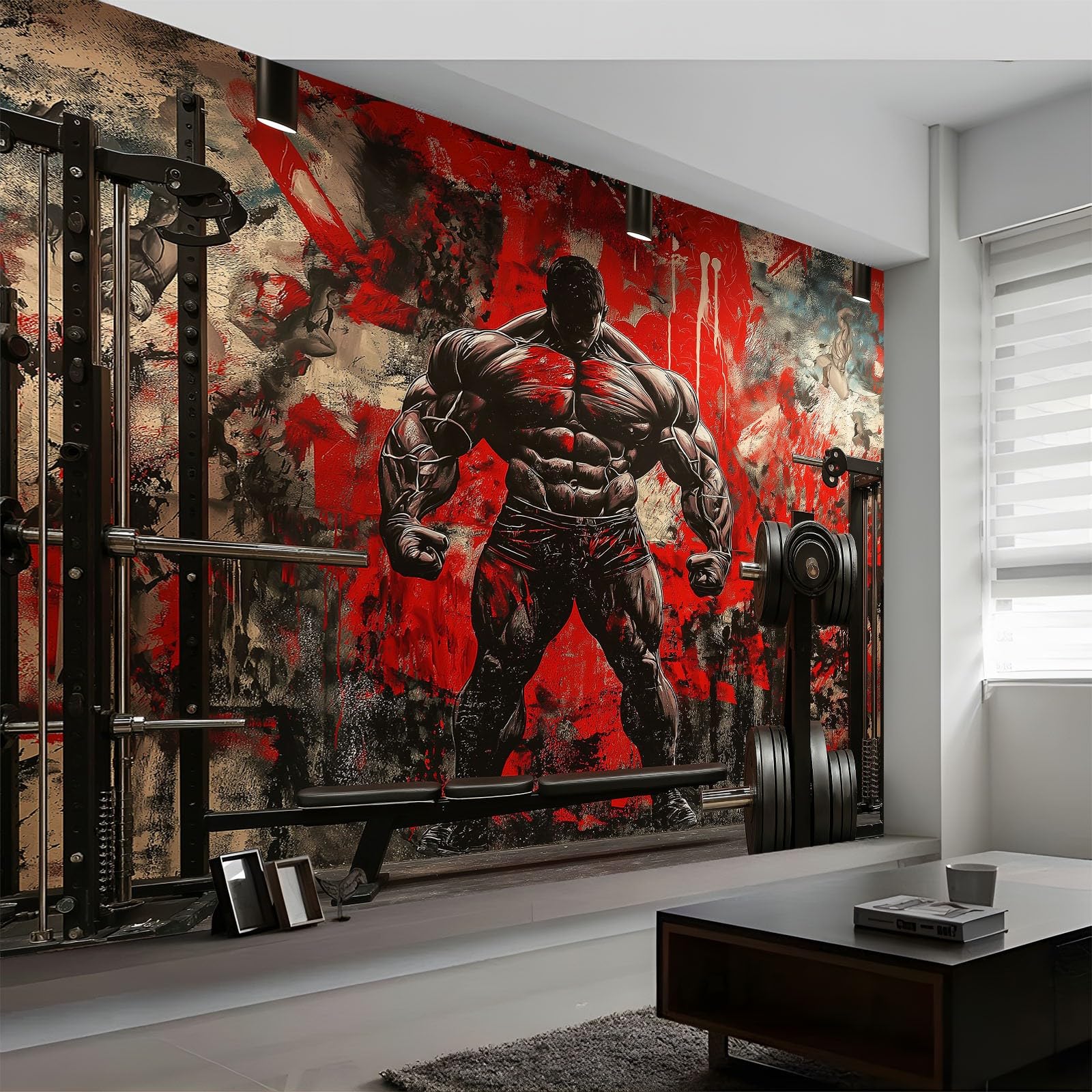 Graffiti Bodybuilding Gym Photo Wallpaper 300 x 210 cm, Red Premium Non-Woven Wall Mural, 3D Wall Art Decor for Living Room Bedroom Sofa Background
