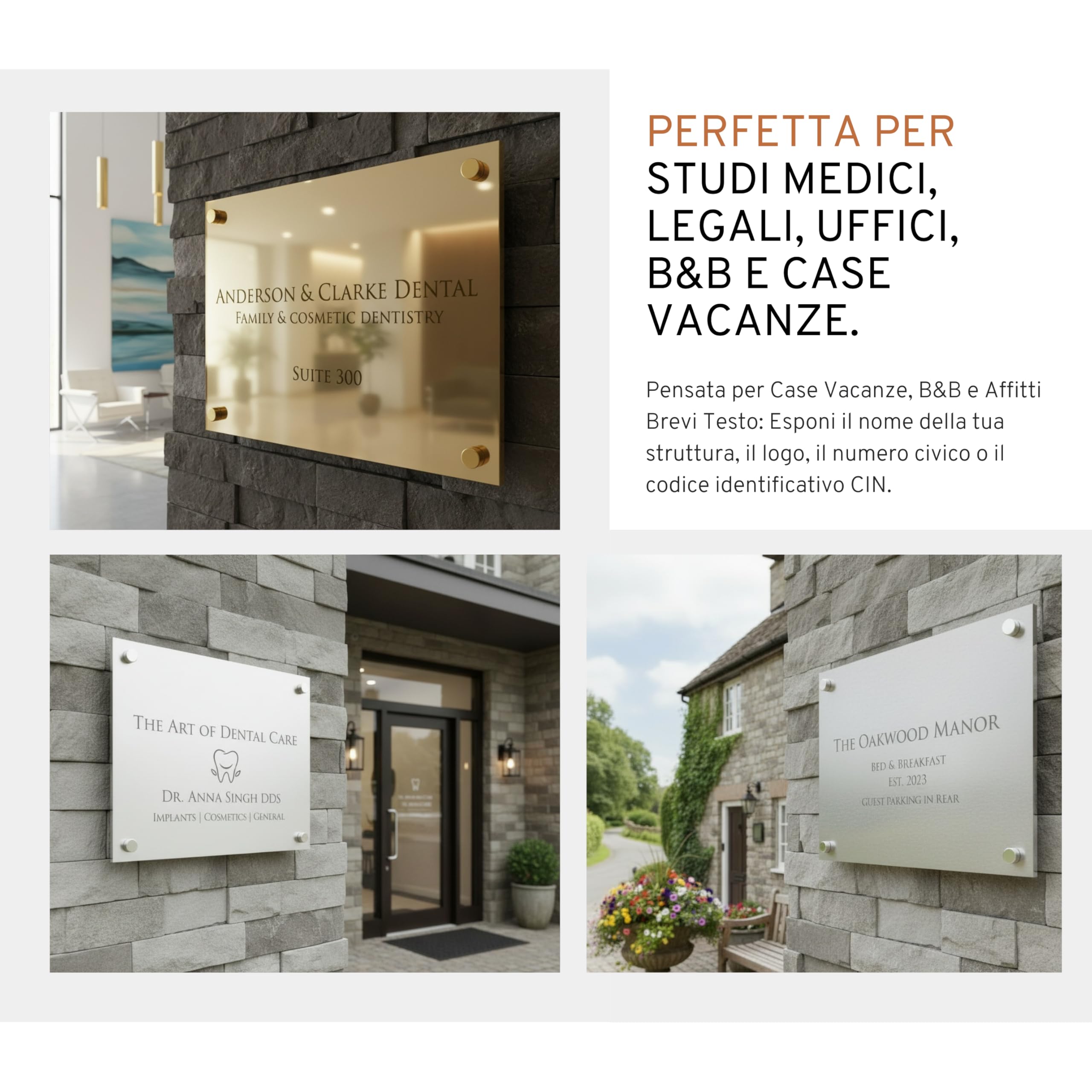 Targa Personalizzata per Case Vacanze, B&B e Studi – in Alluminio con Stampa UV – Biadesivo o Fissaggio a Muro – Resistente per Interno ed Esterno (Argento Satinato, 30x40cm)