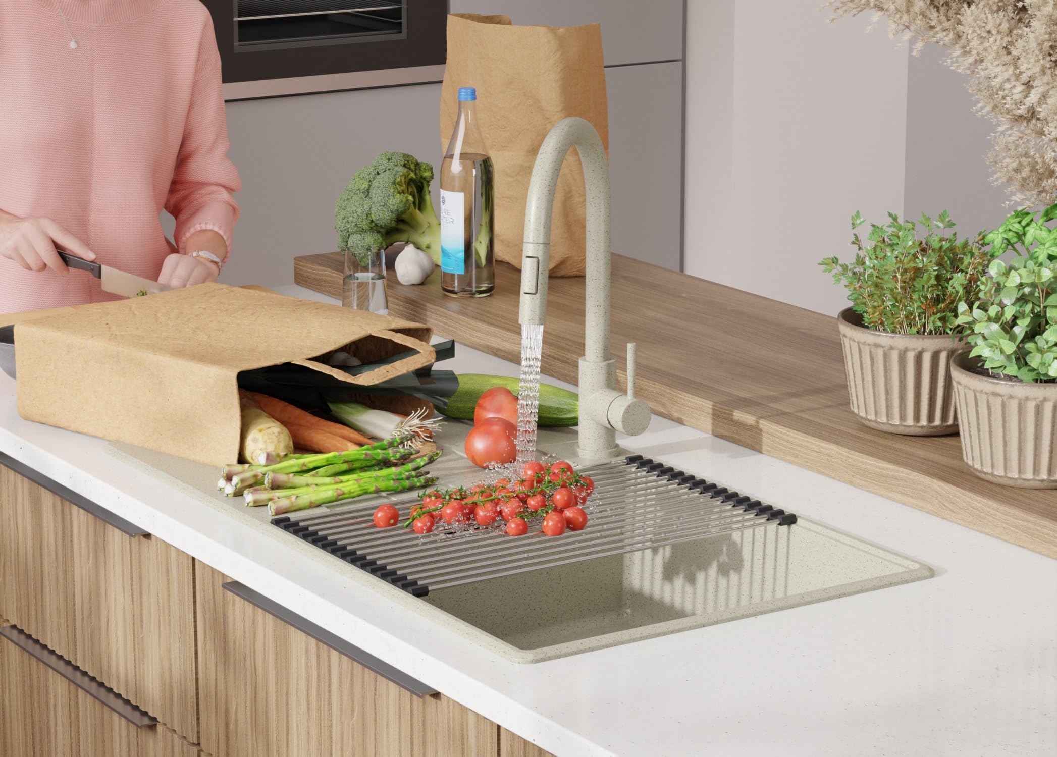 PRIMAGRAN Evier Cuisine en Granit Tout Beige 90x50cm, Lavabo 1 bac + Kit de Vidage, Évier à Encastrer au Meuble 60cm - Copenhague Top S668